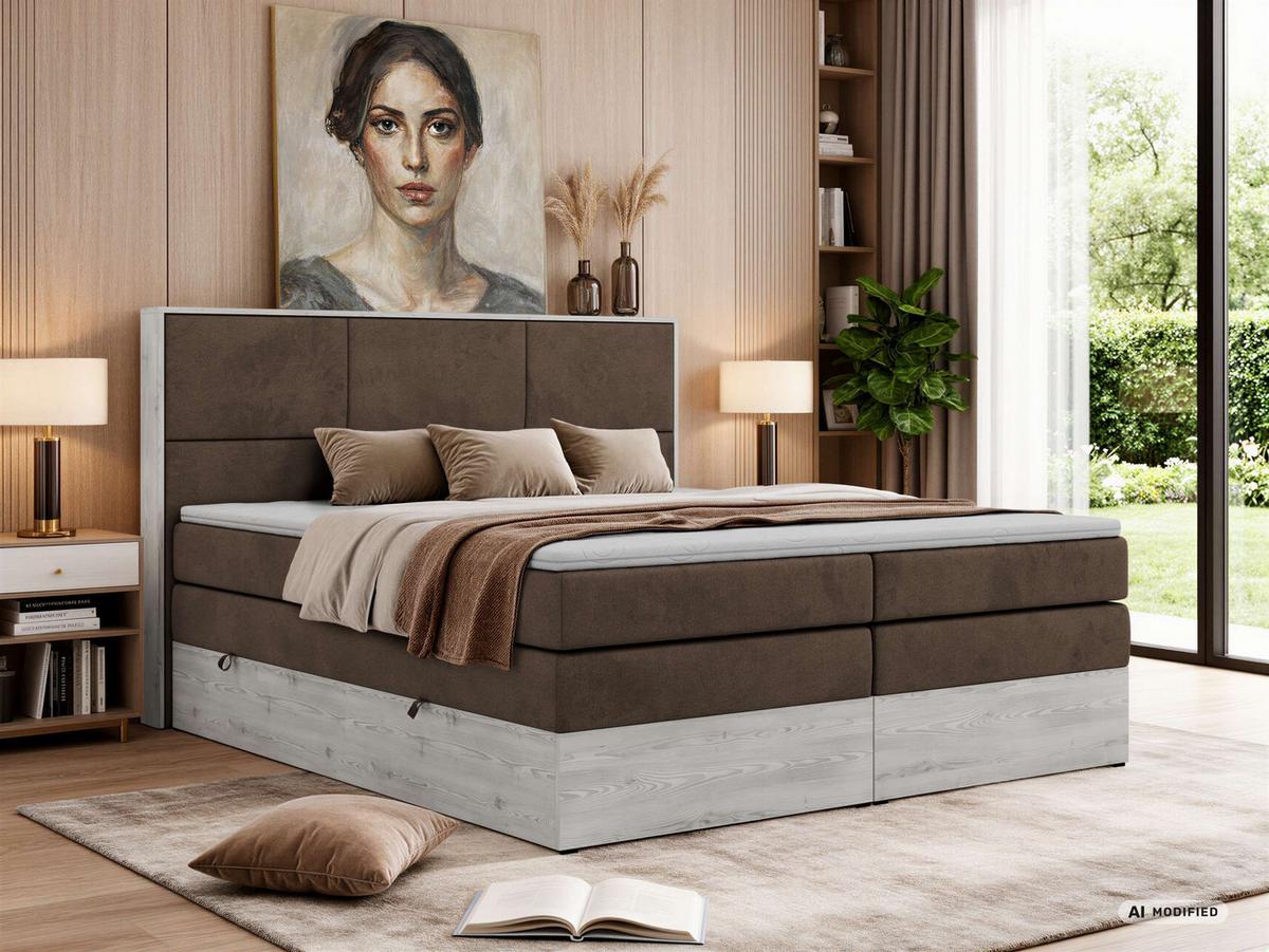 BOXSPRINGBETT DELNOR KING 200/200 - Braun Velvet - Topper Visco - H4 - Schwarz/Braun, Kunststoff/Textil (200/200cm) - MKS