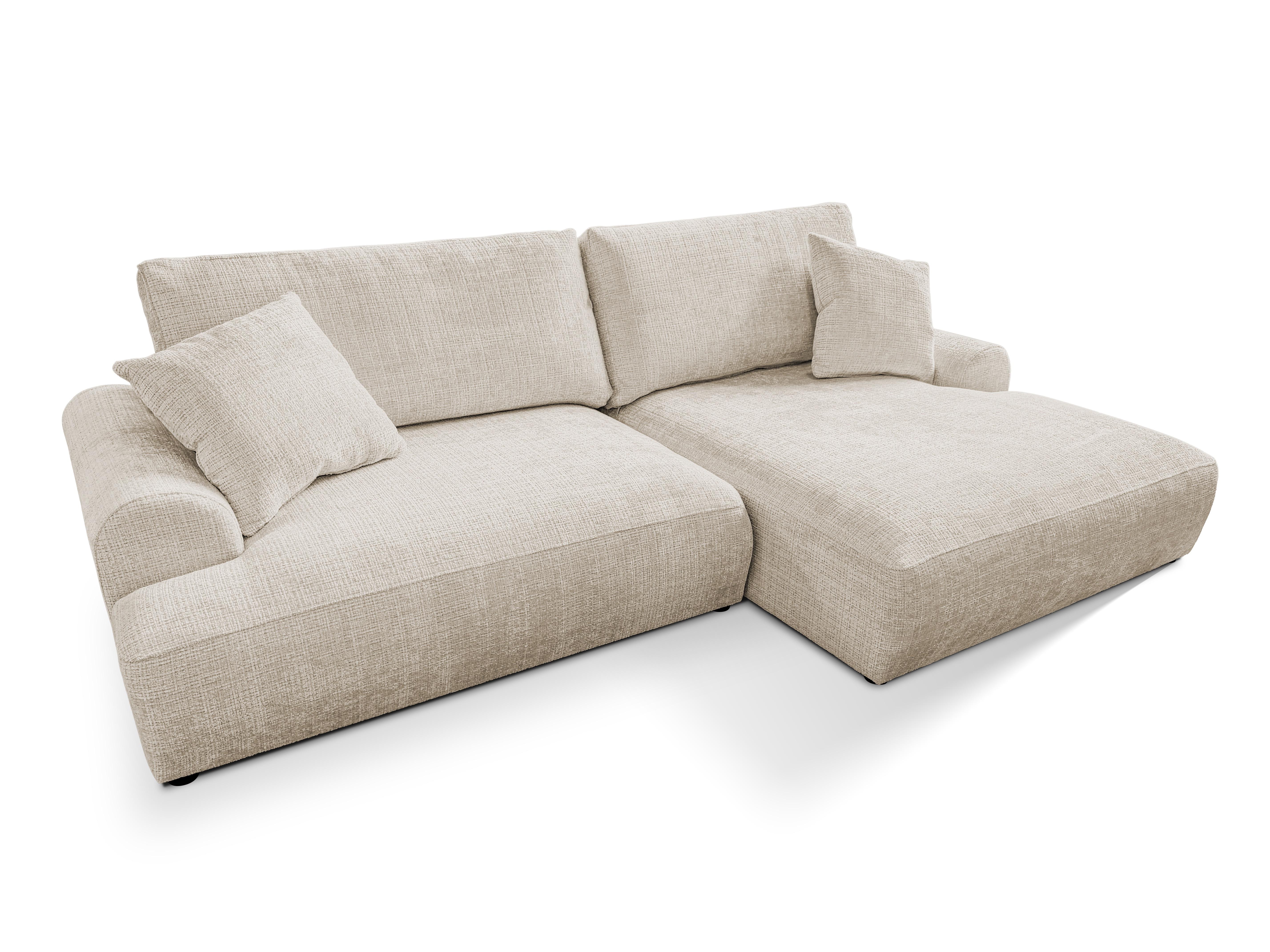 ECKSOFA Melvano mit Schlaffunktion und Bettkasten im Japandi-Stil aus weichem Beige Chenille-Stoff - Creme/Schwarz, Holz/Kunststoff (240/145cm) - S-Style