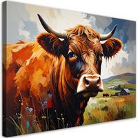 LEINWANDBILDER, Malerisches Porträt einer schottischen Kuh mit Landschaftshintergrund - Braun, Textil (60/40cm) - Feeby