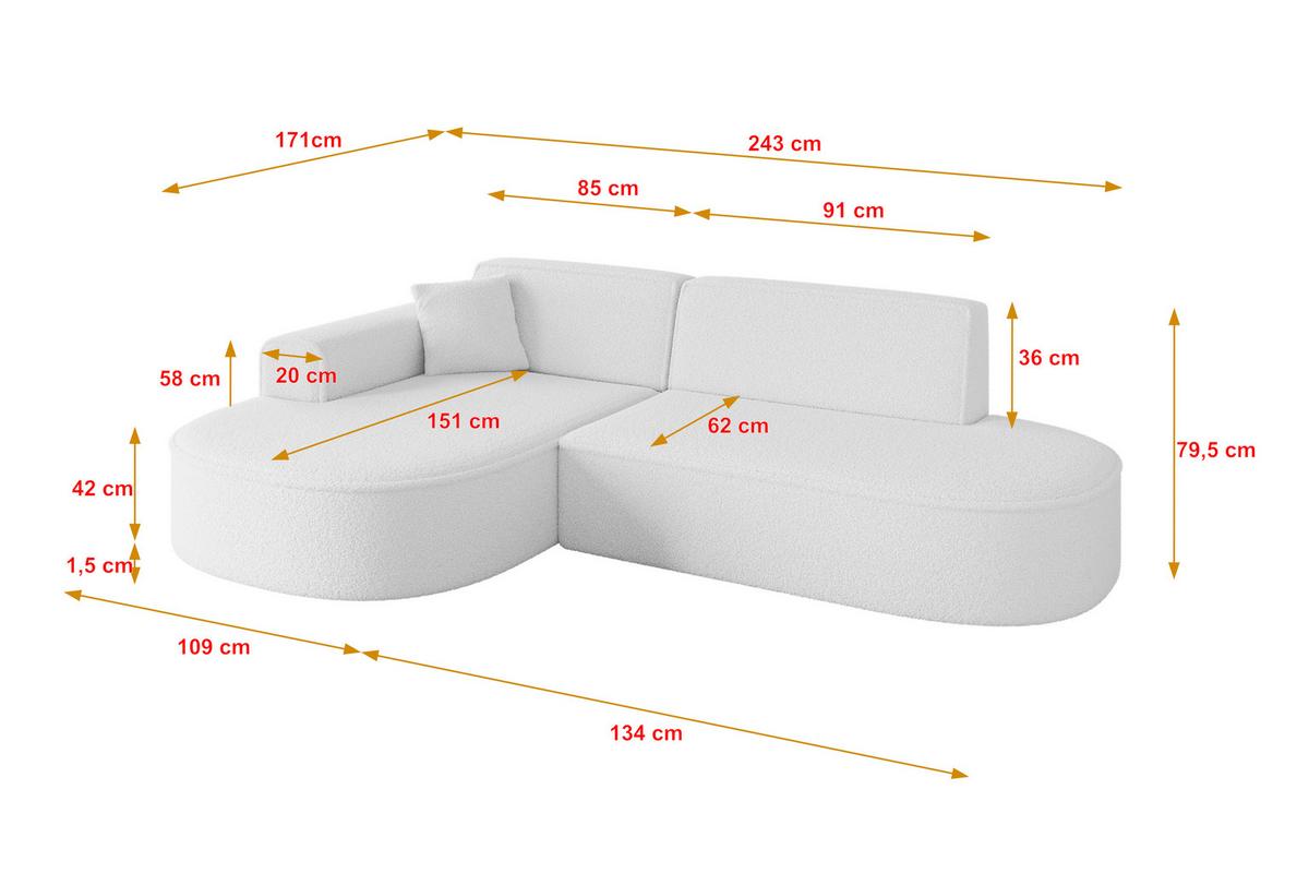 ECKSOFA Ottomane Links MARI-L1 - 243x171x79 cm Weiß Bouclé - Schwarz/Weiß, Holzwerkstoff/Kunststoff (163/234cm) - ALTDECOR