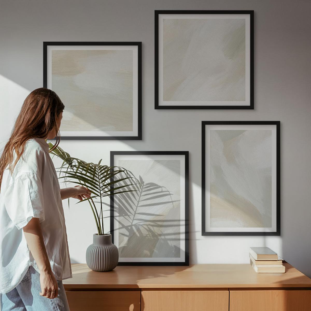 BILDER SET 4er Set - 50x50 cm & 40x60 cm Schwarzer Rahmen - Abstrakte Pinselmalerei auf Leinwand - Schwarz, Kunststoff (50/50cm) - TULUP