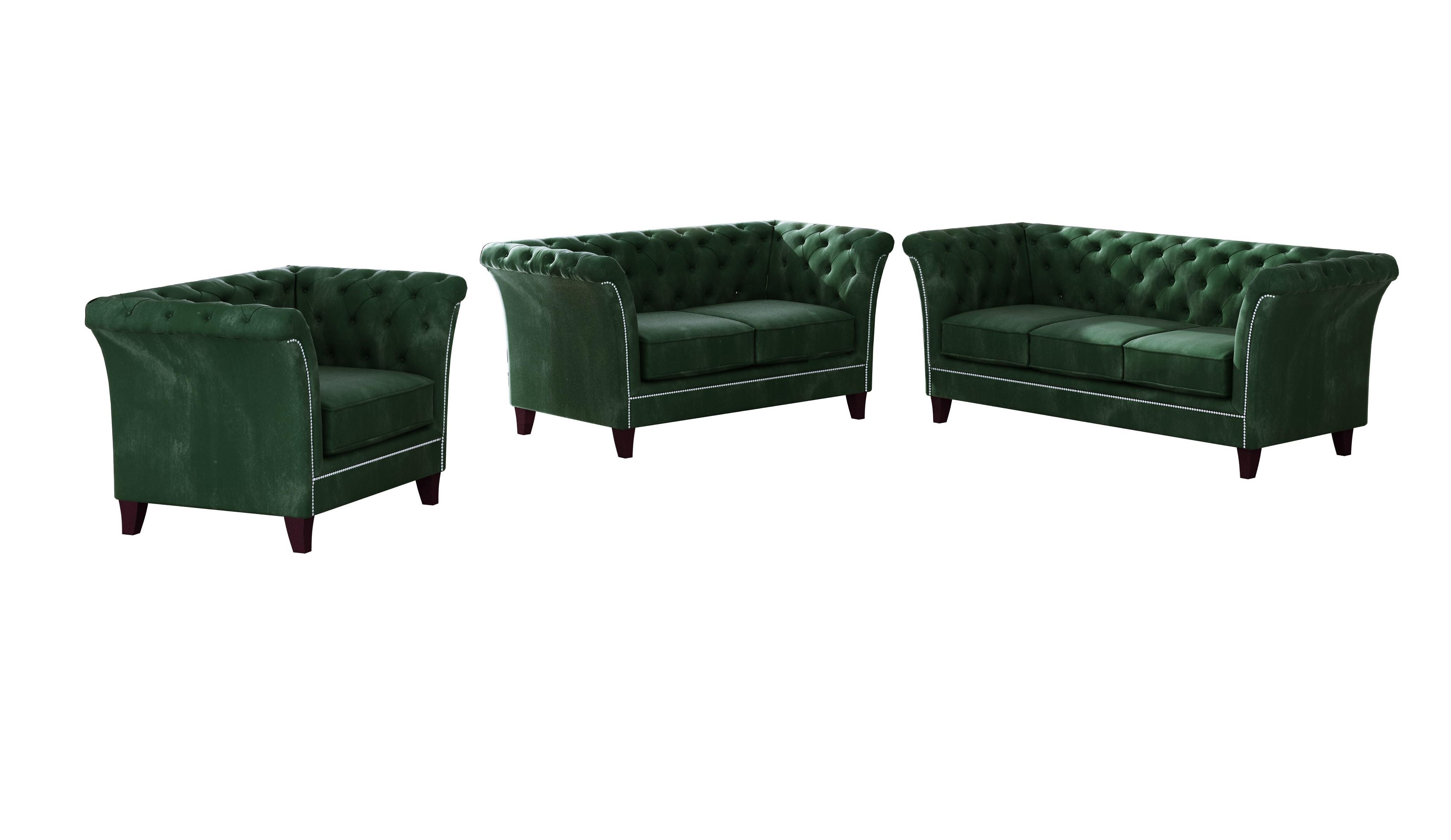 SITZGARNITUR 3+2+1 Chesterfield Fusion Grün Samt - Smaragdgrün/Braun, Holz/Textil (237/75/82cm) - S-Style Möbel