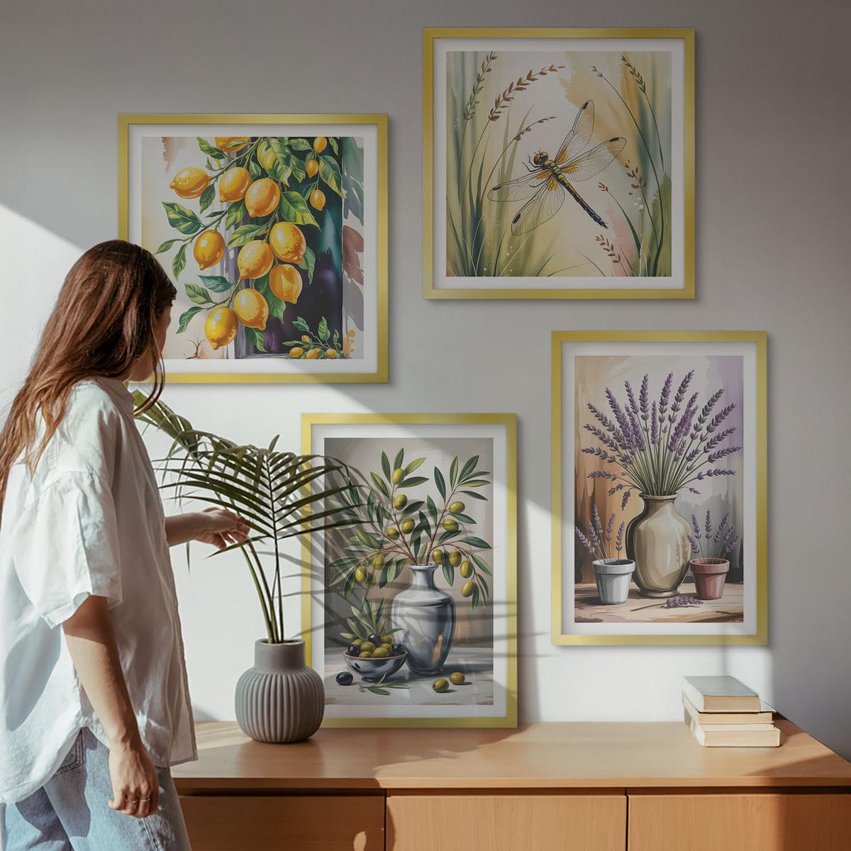 BILDER SET 4er Set - 50x50 cm & 40x60 cm Goldrahmen - Olivenblüten in Vasen Natur - Goldfarben, Kunststoff (50/50cm) - TULUP