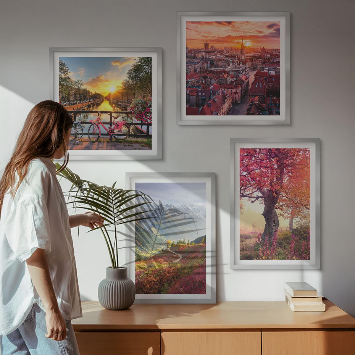 BILDER SET 4er Set - 50x50 cm & 40x60 cm Silberner Rahmen - Berglandschaften mit dem Fahrrad - Silberfarben, Kunststoff (50/50cm) - TULUP