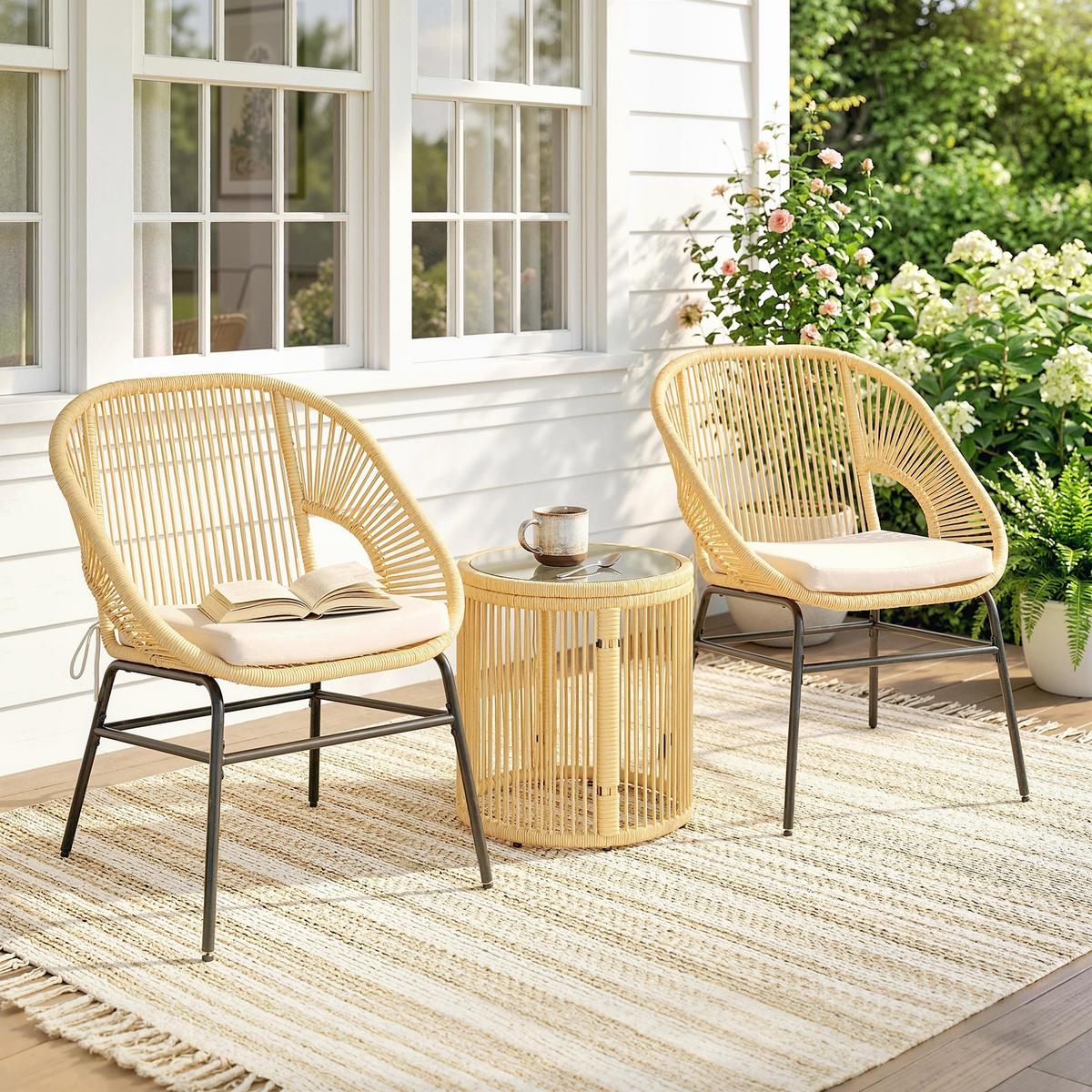 BISTROSET 3-teilig aus Stahl PE-Rattan Beige - Beige, Textil/Metall - Outsunny