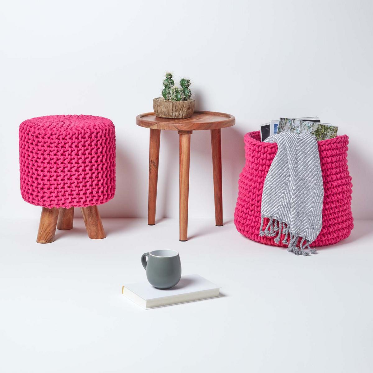 STRICK-HOCKER pink, Dreibein 32/32/42 cm - Pink, Textil (32/42/32cm) - Homescapes