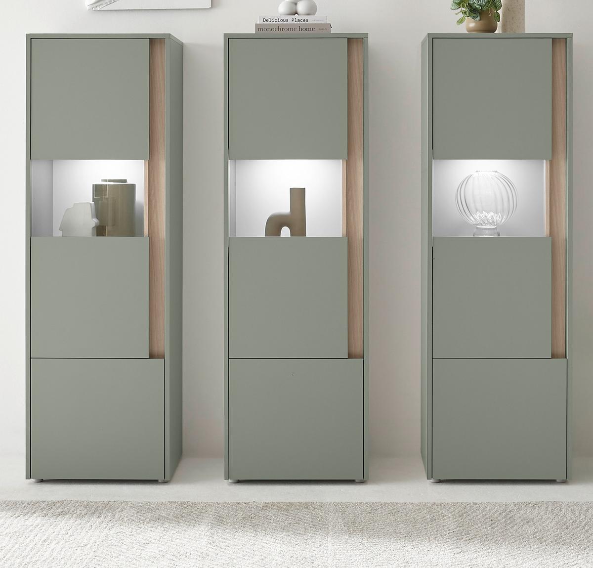 SCHRANK-SET Salbei grün, Barista Eiche 190 cm, Vitrinen-Set mit 3x Vitrine je 50x 155 cm - Salbeigrün/Eichefarben, Glas/Holzwerkstoff (190/155/40cm) - Furn.Design