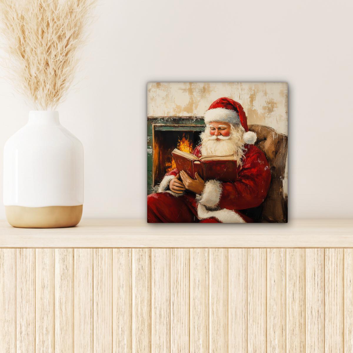 LEINWANDBILD Weihnachten - Weihnachtsmann - Winter - Open Fireside Deko Wohnzimmer 20x20 cm - Dunkelrot, Textil (20/20cm) - MuchoWow