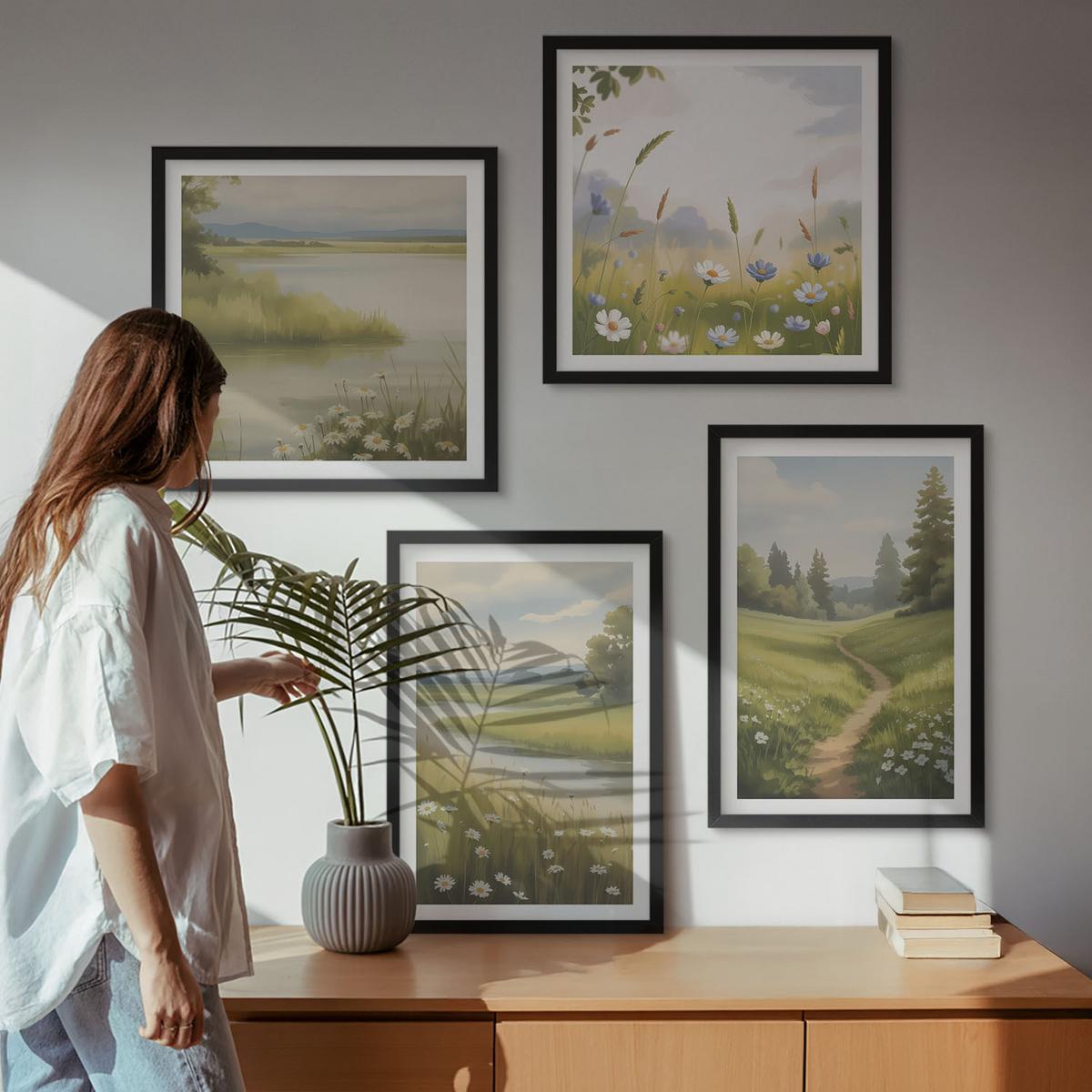 BILDER SET 4er Set - 50x50 cm & 40x60 cm Schwarzer Rahmen - Frühlingslandschaft Flusswiese - Schwarz, Kunststoff (50/50cm) - TULUP
