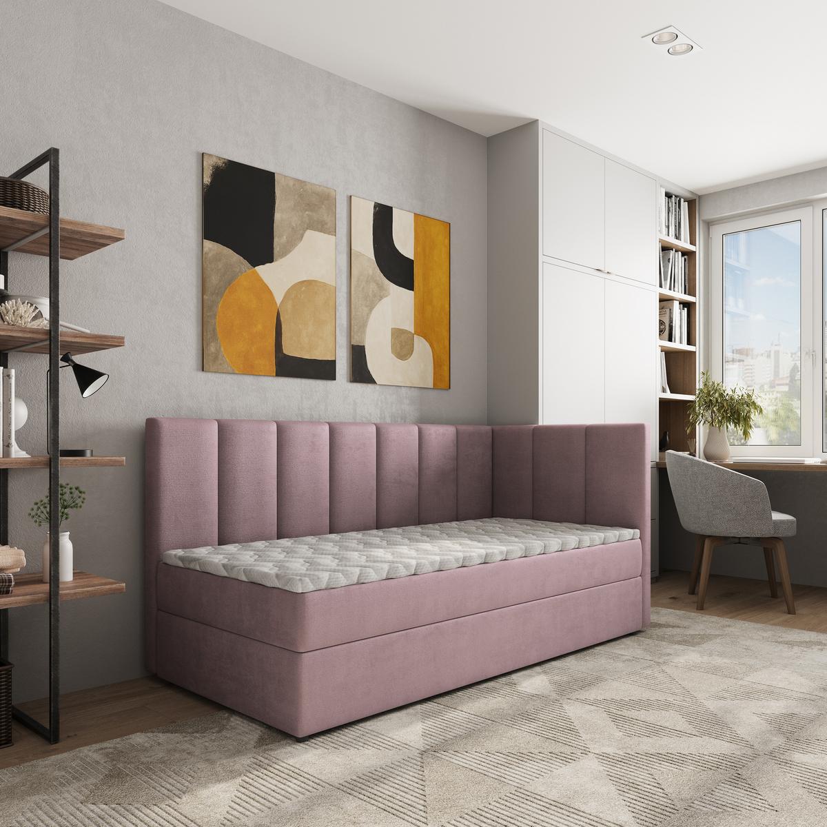 BOXBETT BEVE 90x200 cm mit Matratze und Topper, H2+H3 - Rosa - Rosa, Holz (90/200cm) - MASSENO