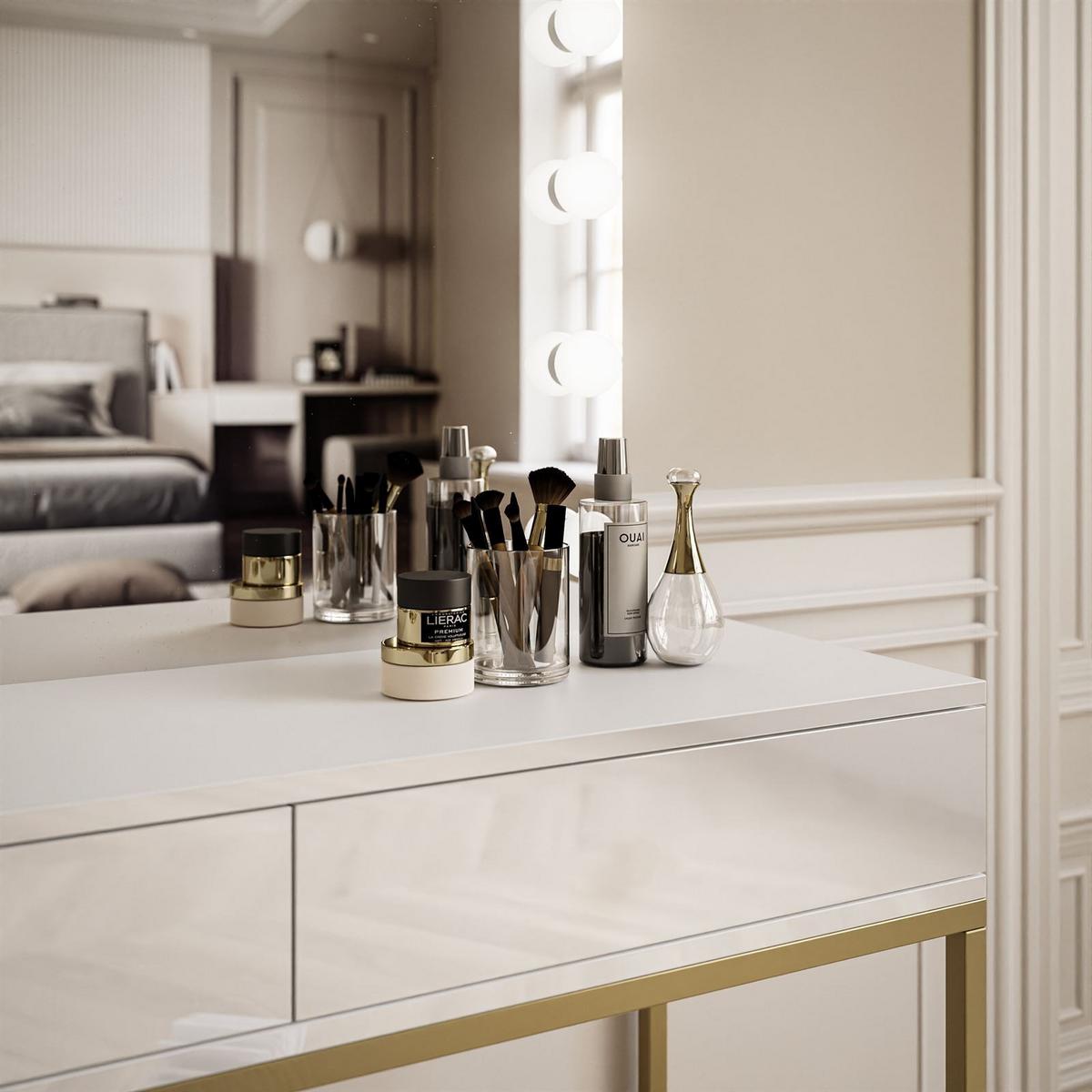SCHMINKTISCH BLANCO GOLD ELITE mit Spiegel und Beleuchtung Weiß Hochglanz PUSH OPEN - Weiß Hochglanz/Goldfarben, Holzwerkstoff (100/146/42cm) - Lookway