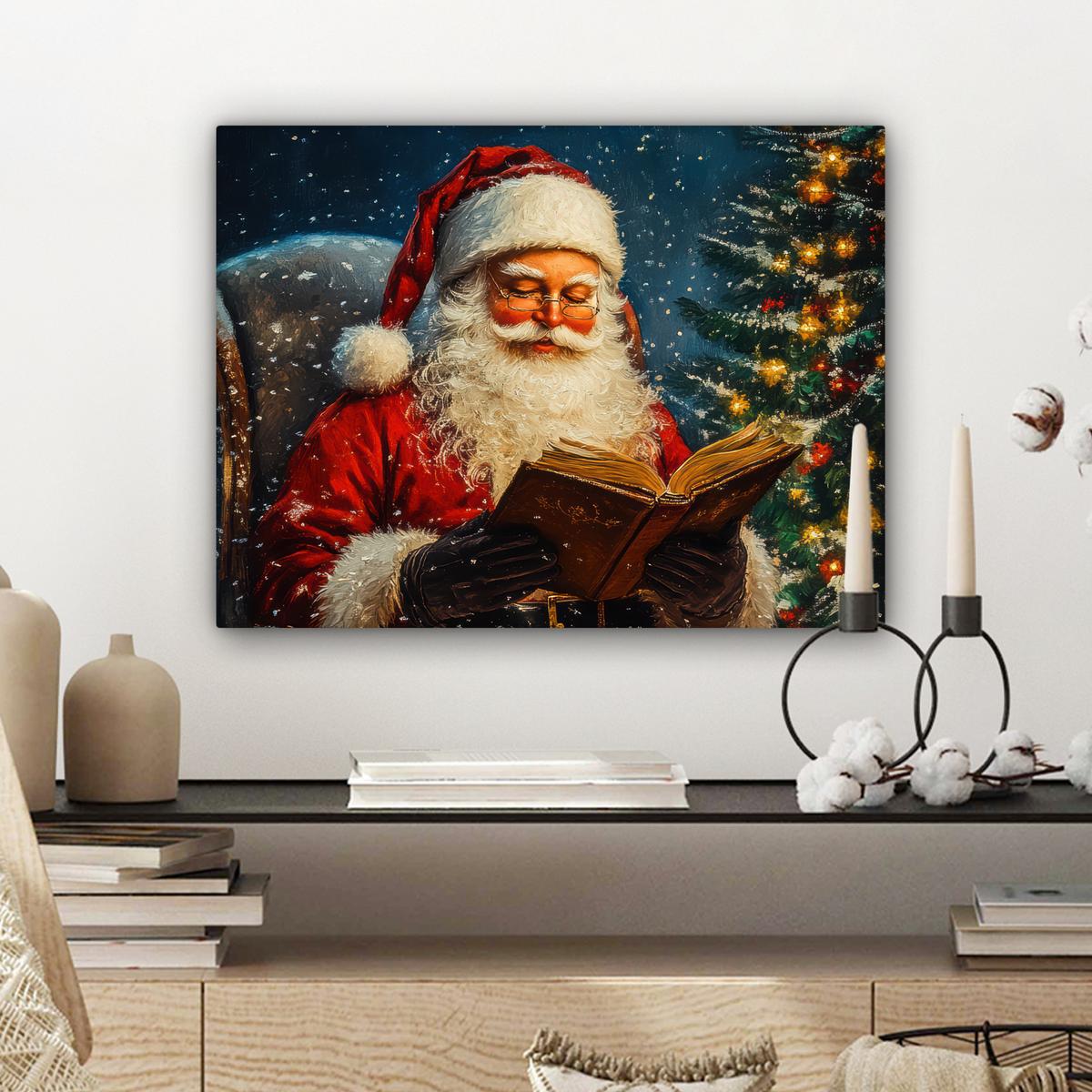 LEINWANDBILD Weihnachtsmann - Weihnachten - Winter - Weihnachtsbaum Wandbild 40x30 cm - Bordeaux, Textil (40/30cm) - MuchoWow