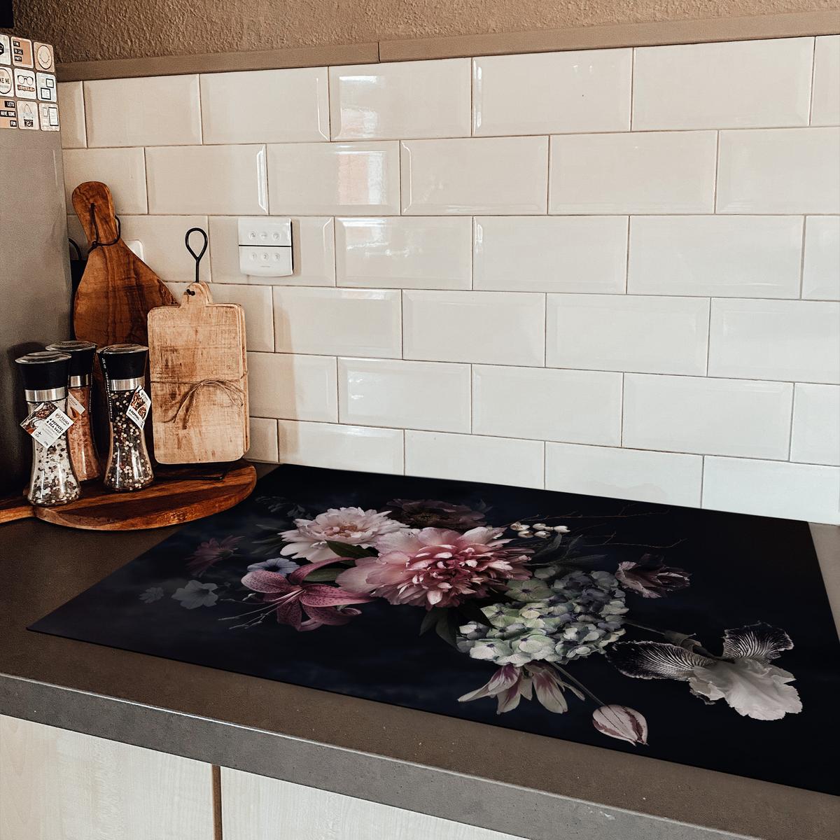 HERDABDECKPLATTE Blumen - Vintage - Pastell - Rosa - Weiß Induktionsschutz 81.6x52.7 cm - Altrosa, Kunststoff (81.6/52.7/0.2cm) - MuchoWow