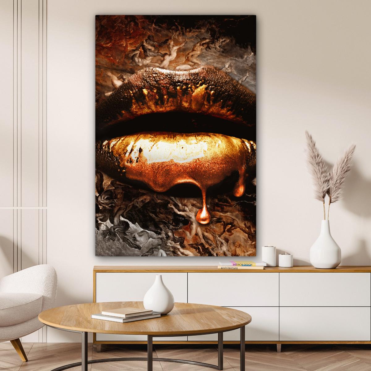 LEINWANDBILD Gold - Lippen - Kunst - Gold - Luxus - Abstrakt Deko Groß 90x140 cm - Kupferfarben, Textil (90/140cm) - MuchoWow