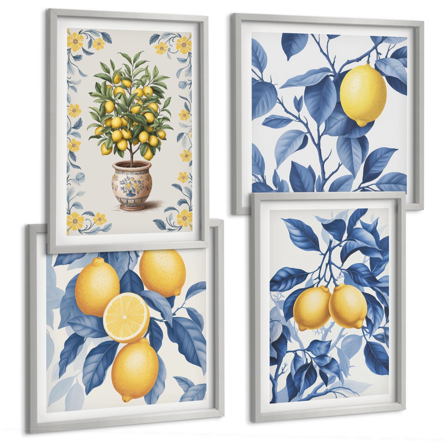 BILDER SET 4er Set - 50x50 cm & 40x60 cm Silberner Rahmen - Zitronenzweige mit blauen Blättern - Silberfarben, Kunststoff (50/50cm) - TULUP