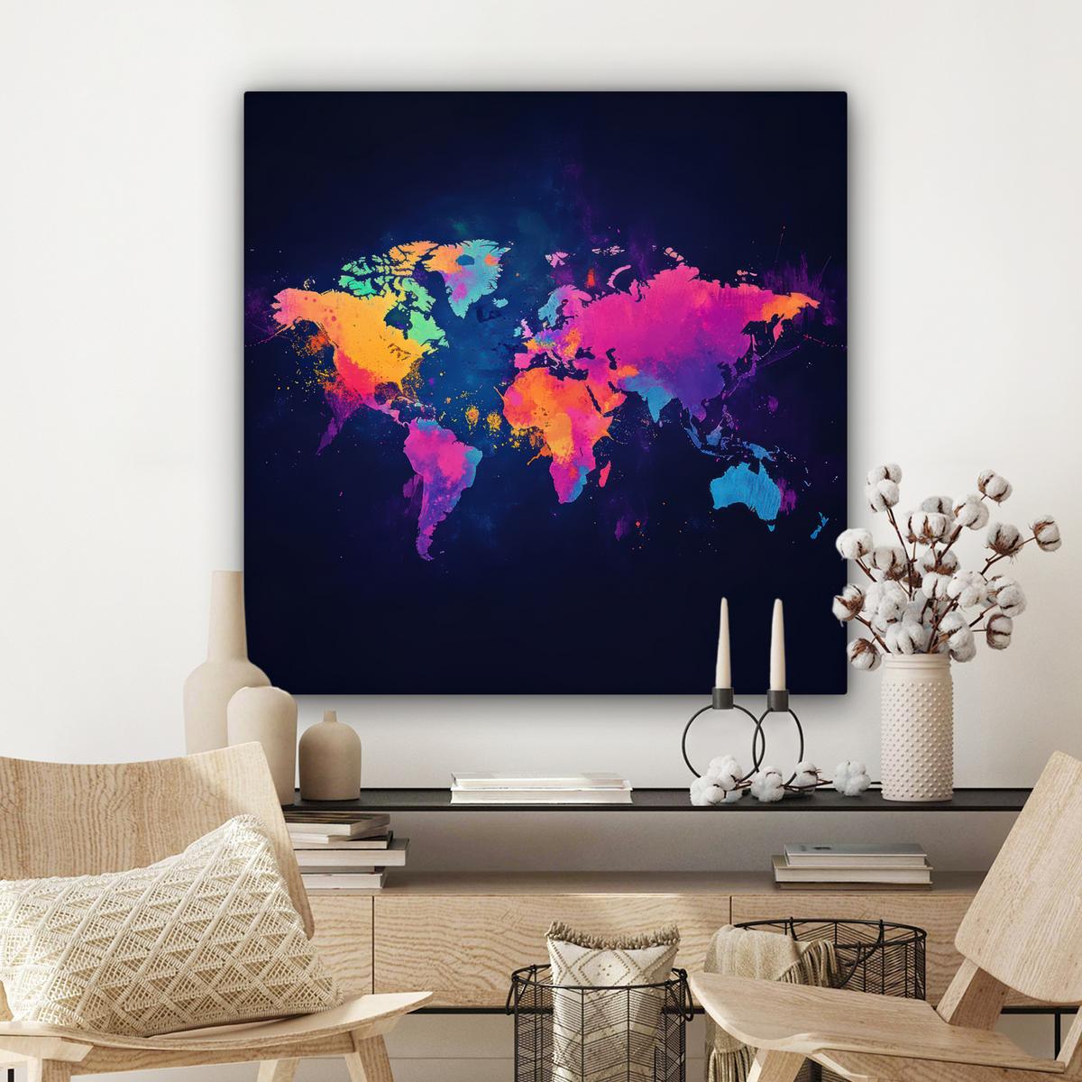 LEINWANDBILD Weltkarte - Bunt - Graffiti Deko Groß 90x90 cm - Multicolor, Textil (90/90cm) - MuchoWow