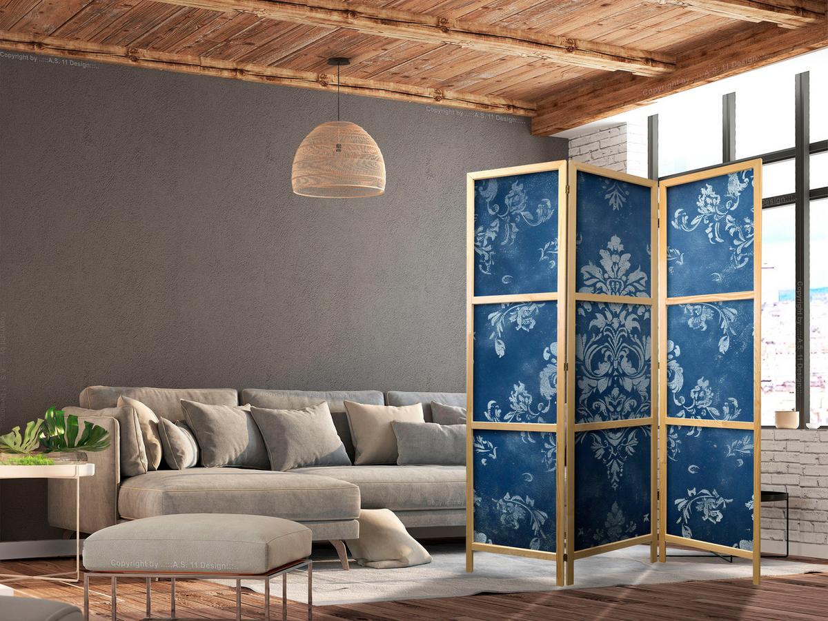 PARAVENT Japanischer 3-tlg 135x172 cm Vintage Ornamente - Blau, Holz/Textil (135/172/3cm) - Muralo