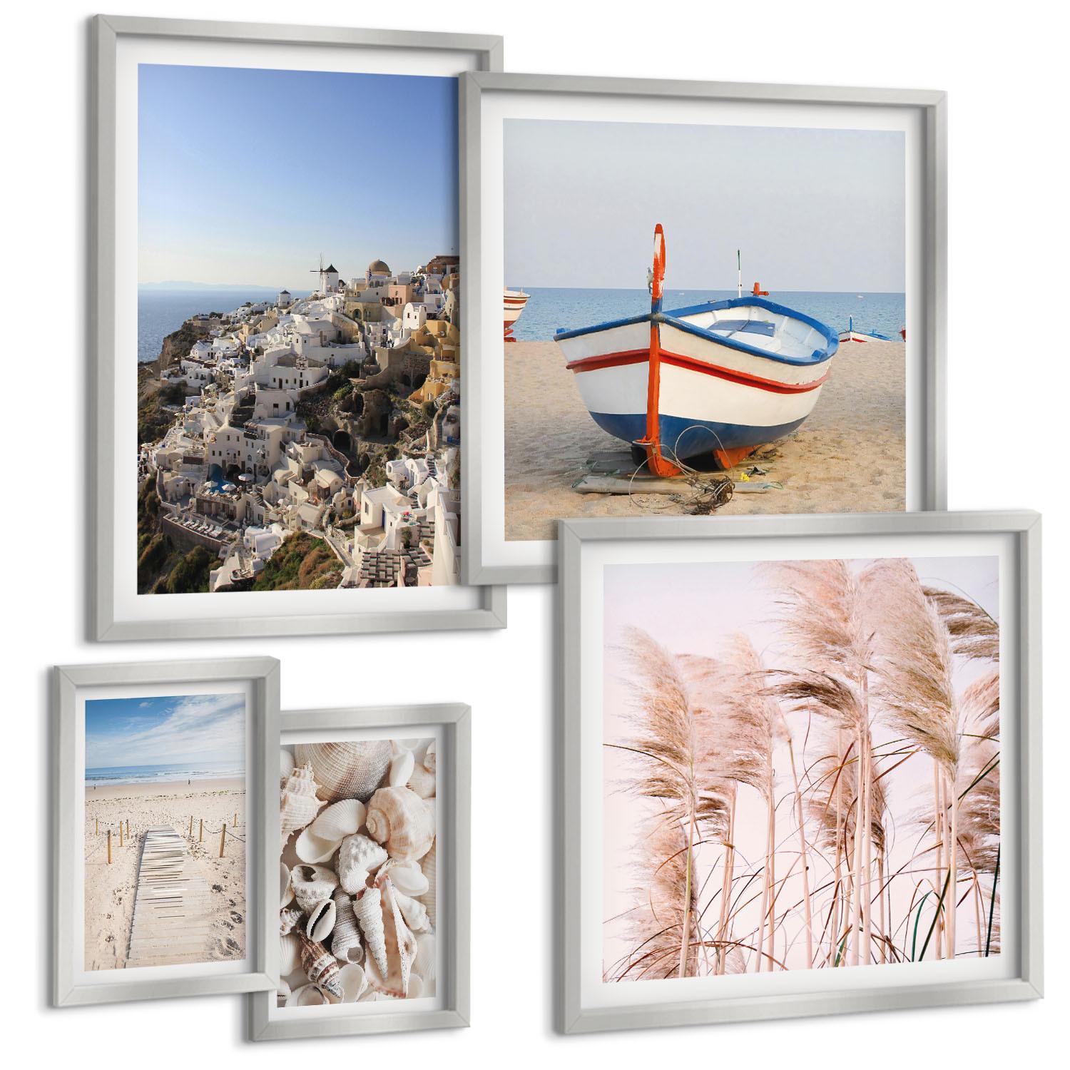 BILDER SET 5er Set - 50x50 cm & 20x30 cm & 40x60 cm Silberner Rahmen - Japanische Berglandschaften - Silberfarben, Kunststoff (40/60cm) - TULUP