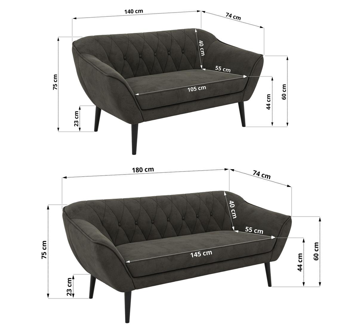 SITZGARNITUR PIRS 3+2 - Dunkelgrau Velvet - Schwarze Beine - Dunkelgrau/Schwarz, Holzwerkstoff/Textil (180/75/74cm) - MKS