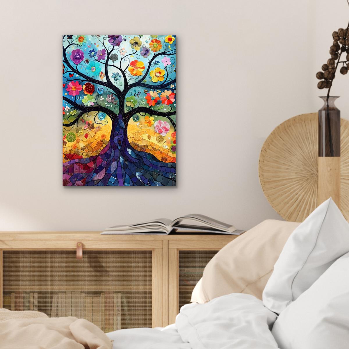 METALLBILD Kunst - Baum des Lebens - Blumen - Hippie 30x40 cm - Dunkelblau, Metall (30/40cm) - MuchoWow