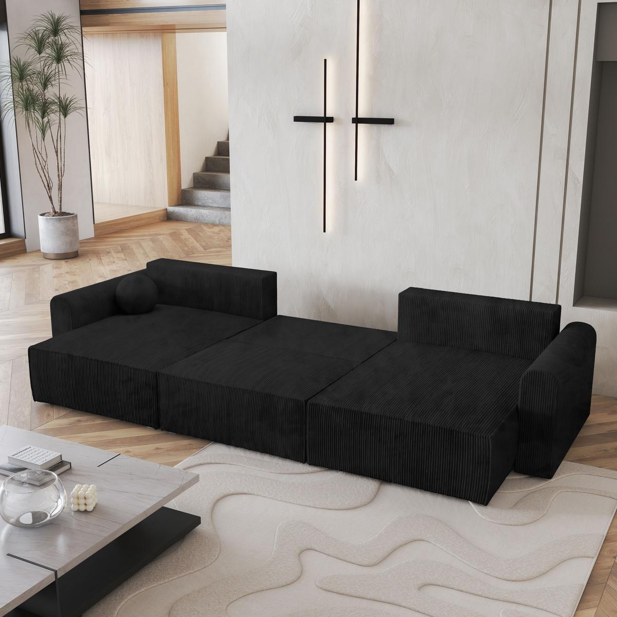 WOHNLANDSCHAFT FENTO P Schwarz Kordstoff mit Schlaffunktion - Schwarz/Grau, Holz/Kunststoff (347/90/148cm) - MASSENO