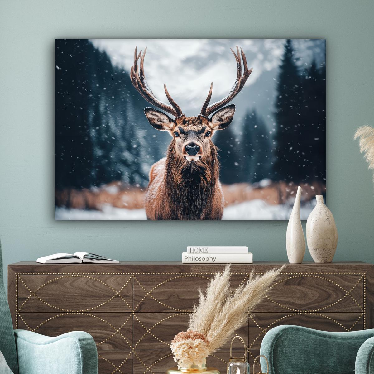 LEINWANDBILD Hirsche - Tiere - Landschaft - Winter - Schnee Wohnzimmer Groß 120x80 cm - Kastanienfarben, Textil (120/80cm) - MuchoWow