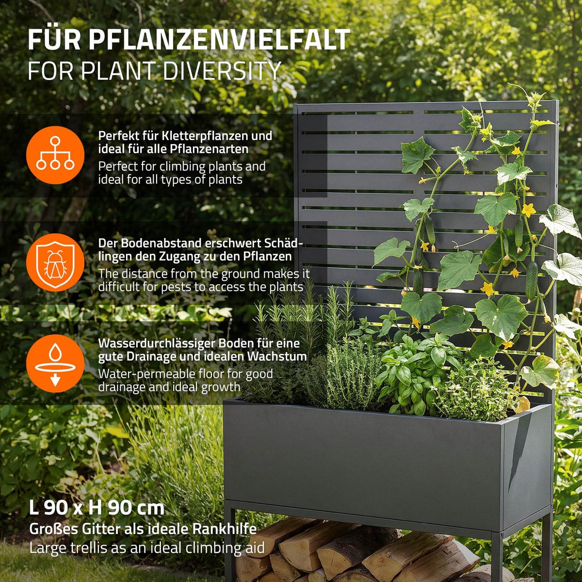 KAMINHOLZREGAL Innen Außen mit Pflanzkasten und Rankgitter Brennholzregal Stahl verzinkt Anthrazit 90x40x170 cm - Anthrazit, Metall (90/170/30cm) - ML-DESIGN