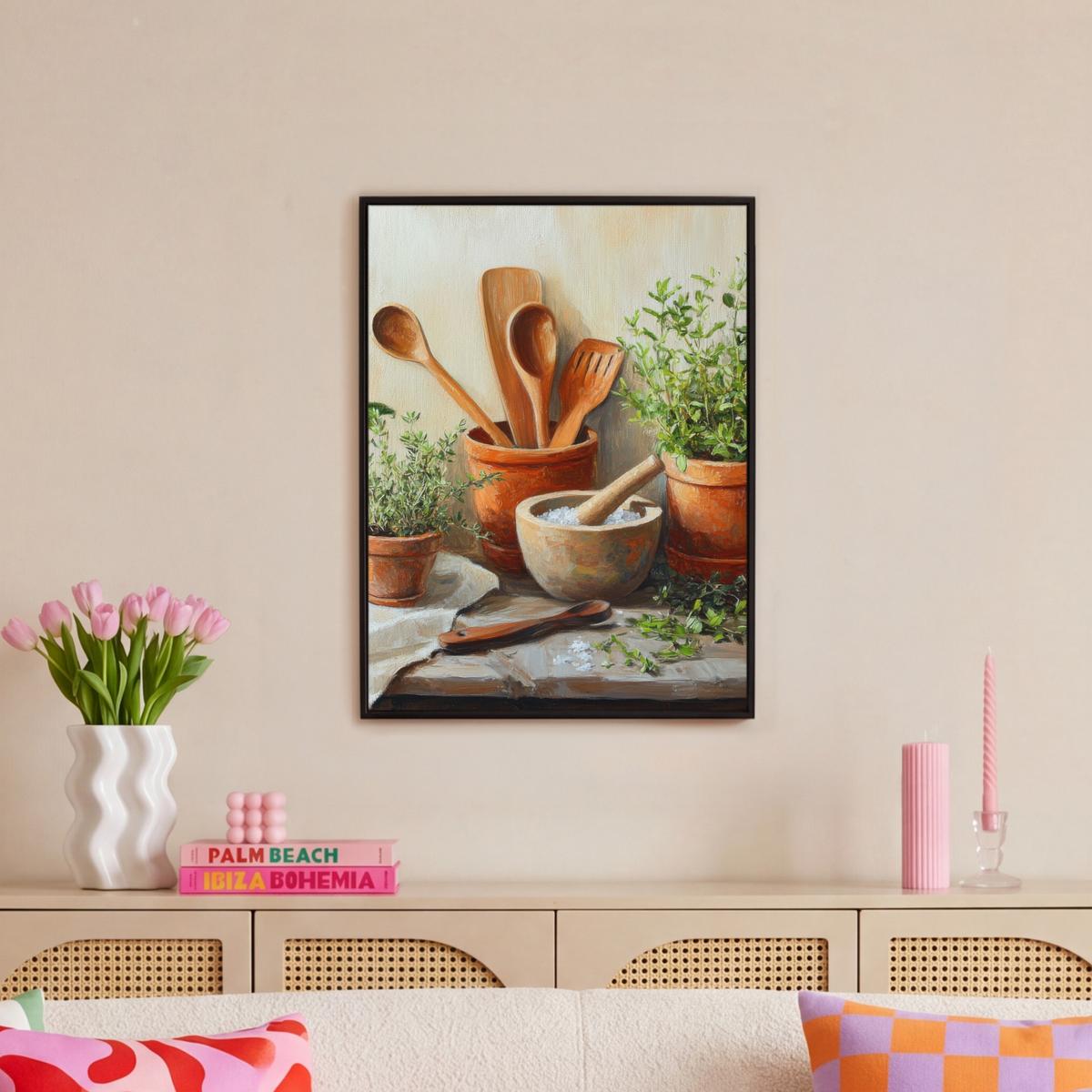 LEINWAND Bilder mit Rahmen - Töpfe - Kräuter - Holz - 50x70 - Terracotta, Textil (50/70cm) - MuchoWow