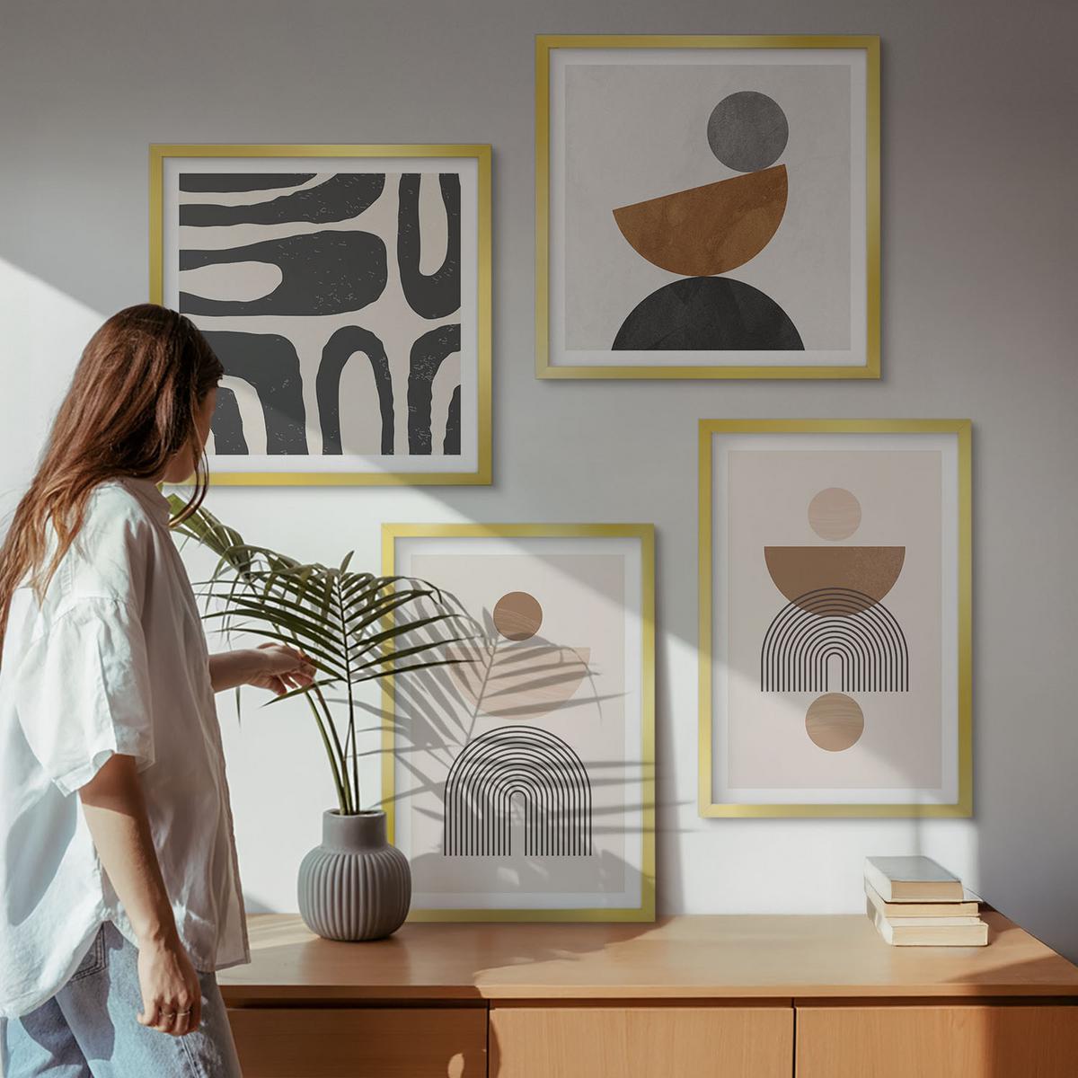 BILDER SET 4er Set - 50x50 cm & 40x60 cm Goldrahmen - Abstraktes Boho-Design - Goldfarben, Kunststoff (50/50cm) - TULUP