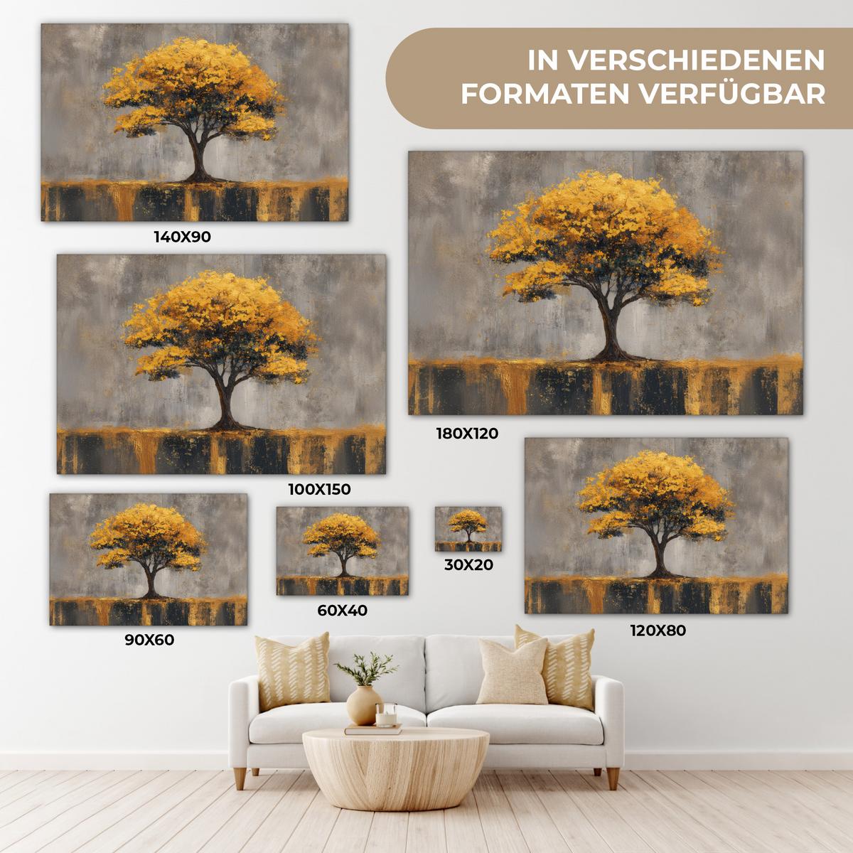 LEINWANDBILD Baum - Blätter - Gold - Abstrakt Deko Schlafzimmer 30x20 cm - Grau, Textil (30/20cm) - MuchoWow