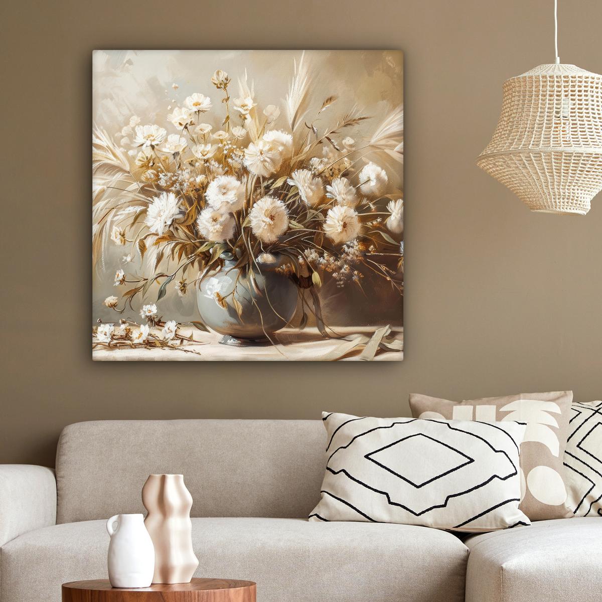 LEINWANDBILD Blumen - Vase - Stilleben - Beige Deko Groß 90x90 cm - Creme, Textil (90/90cm) - MuchoWow