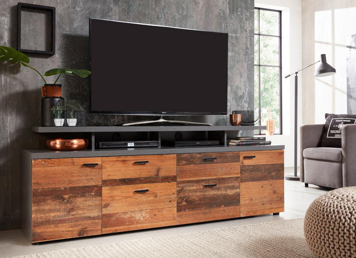 TV-LOWBOARD Old Used Wood Design mit grau Shabby 180 x 66 cm, TV Unterteil in Komforthöhe - Schwarz/Braun, Holzwerkstoff/Kunststoff (180/66/47cm) - Top.Furn