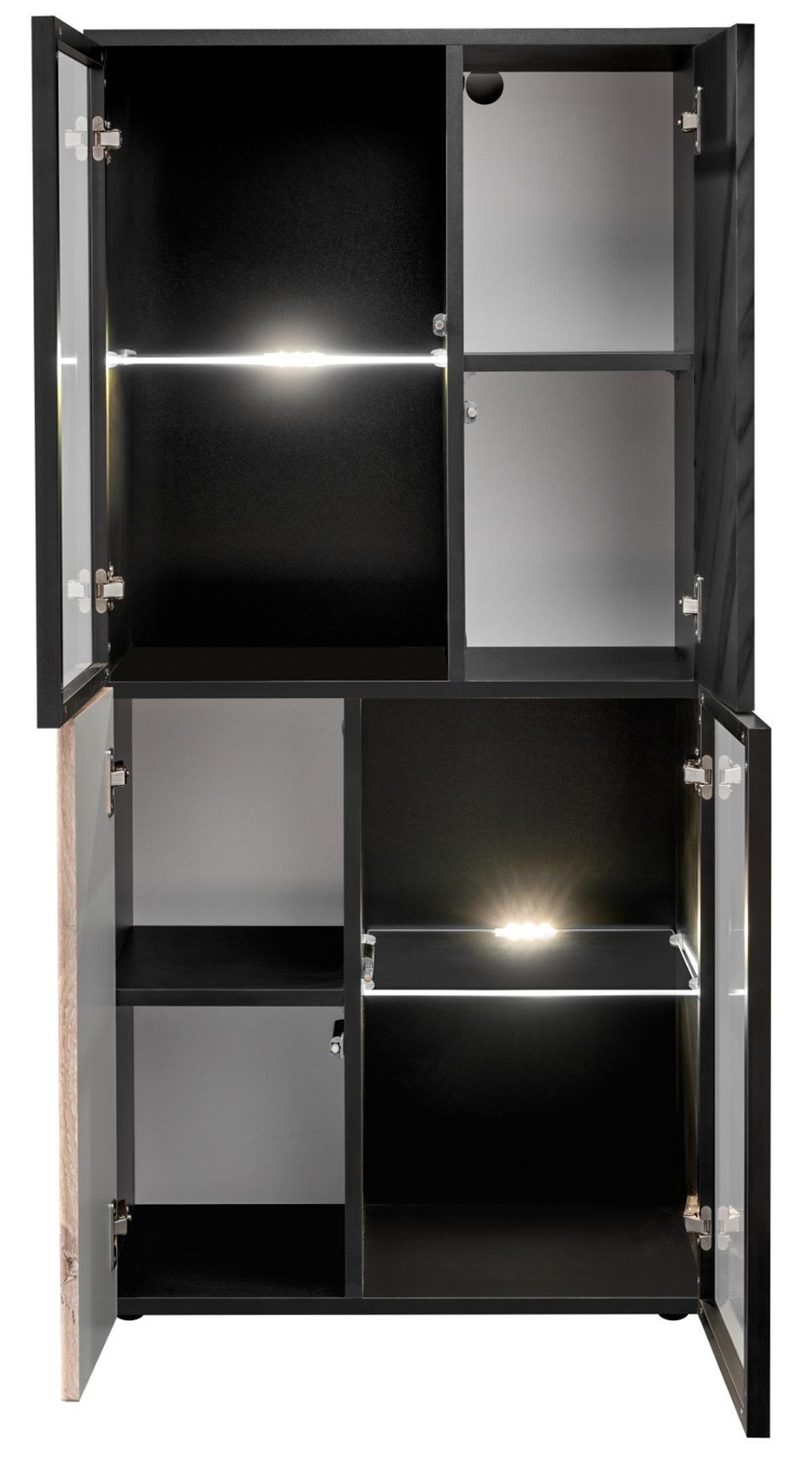 VITRINE schwarz, Vicking Eiche und Marmor schwarz 60 x 122 cm, Vitrinenschrank inklusive LED-Beleuchtung - Eichefarben/Schwarz, Glas/Holzwerkstoff (60/122/37cm) - Inn.Furn