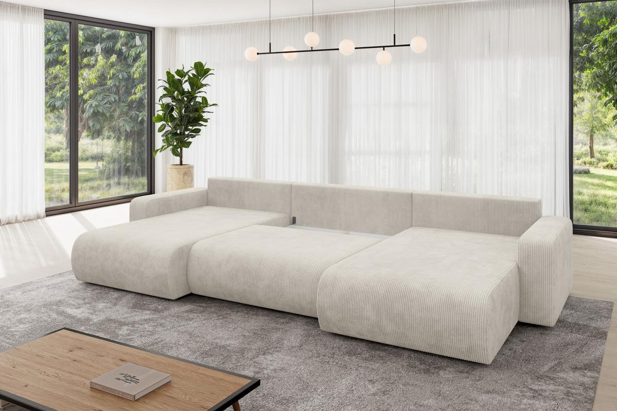 WOHNLANDSCHAFT mit Schlaffunktion und Bettkasten BERY-U 377x193x88 Creme Cord - Ecru/Creme, Holzwerkstoff/Kunststoff (377/88/193cm) - ALTDECOR