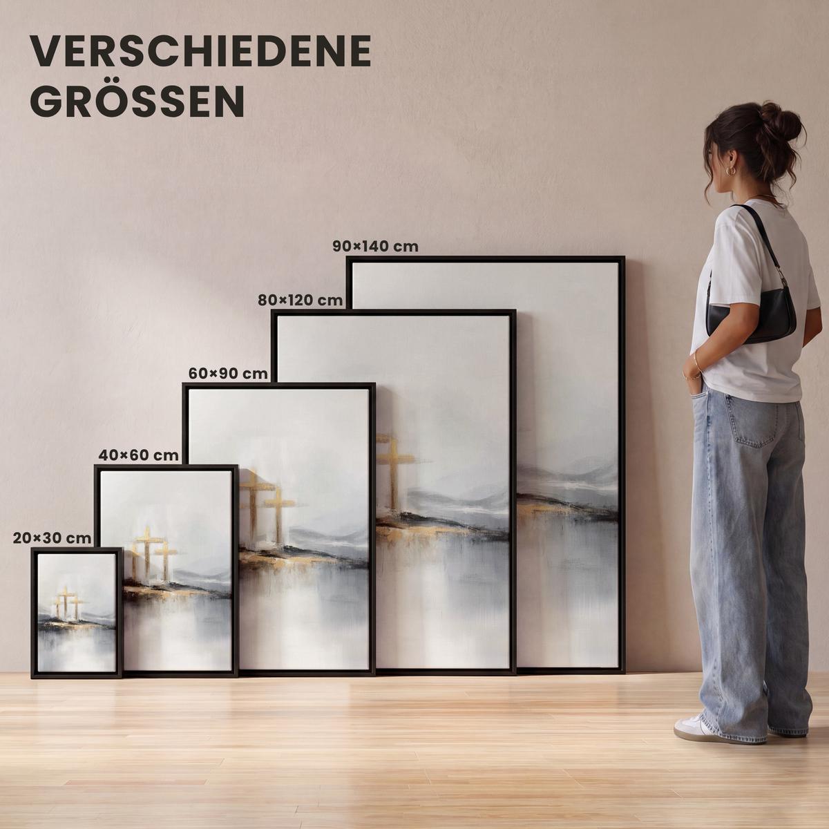 LEINWAND Bilder mit Rahmen - Abstrakt - Malerei - Christentum - Kreuz - 100x150 - Weiß, Textil (100/150cm) - MuchoWow