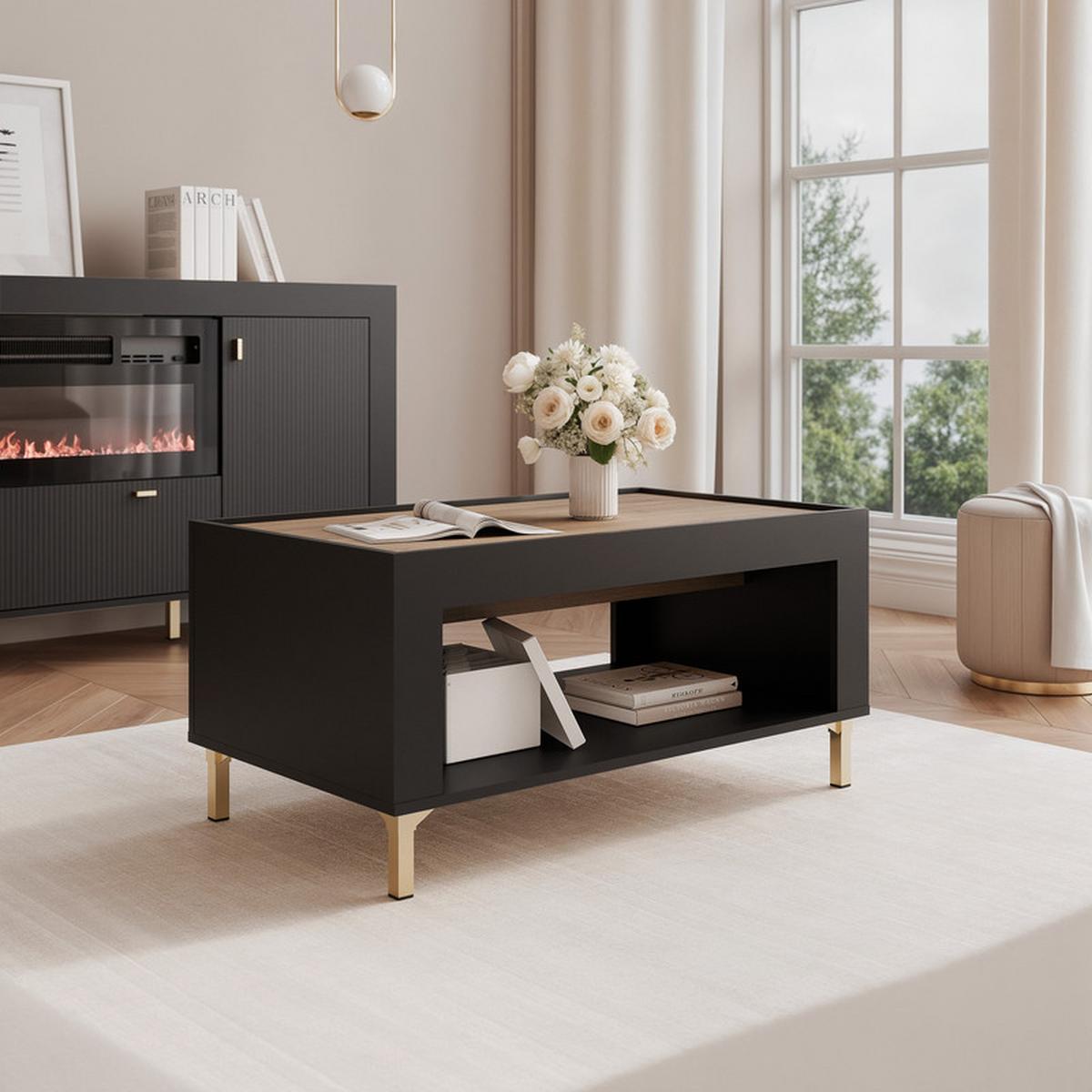 COUCHTISCH AVENA 97/56/47 cm Rechteckig, Schwarz/Eiche - Schwarz, Holzwerkstoff/Kunststoff (56/97/47cm) - Idohome