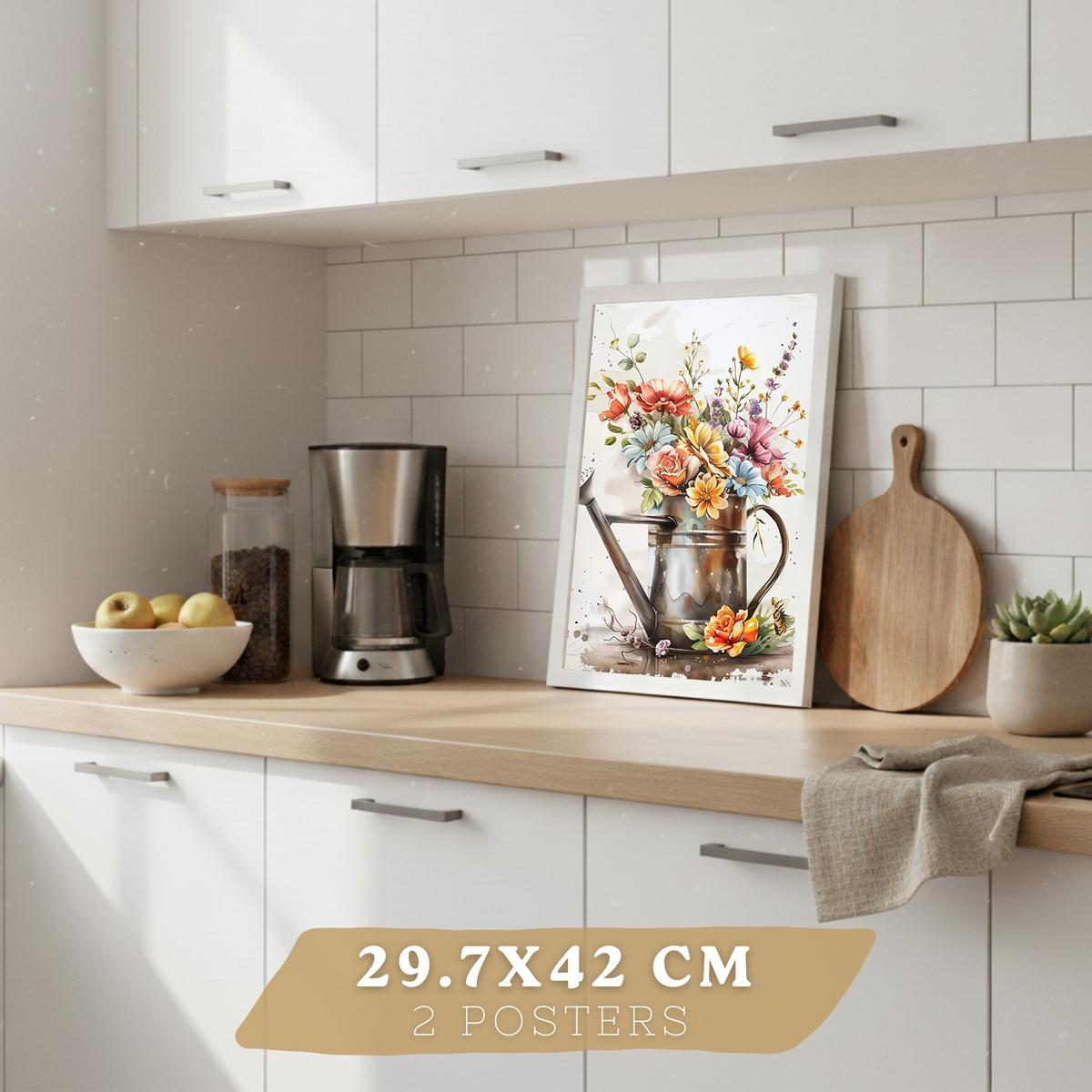 POSTER 4er Set Blumen Küchen-Wandbilder Gießkanne Vase Utensilien Botanisches Aquarell Wohnzimmer Deko Weißer Rahmen A3 - Weiß, Papier (29.7/1/42cm) - Nacnic