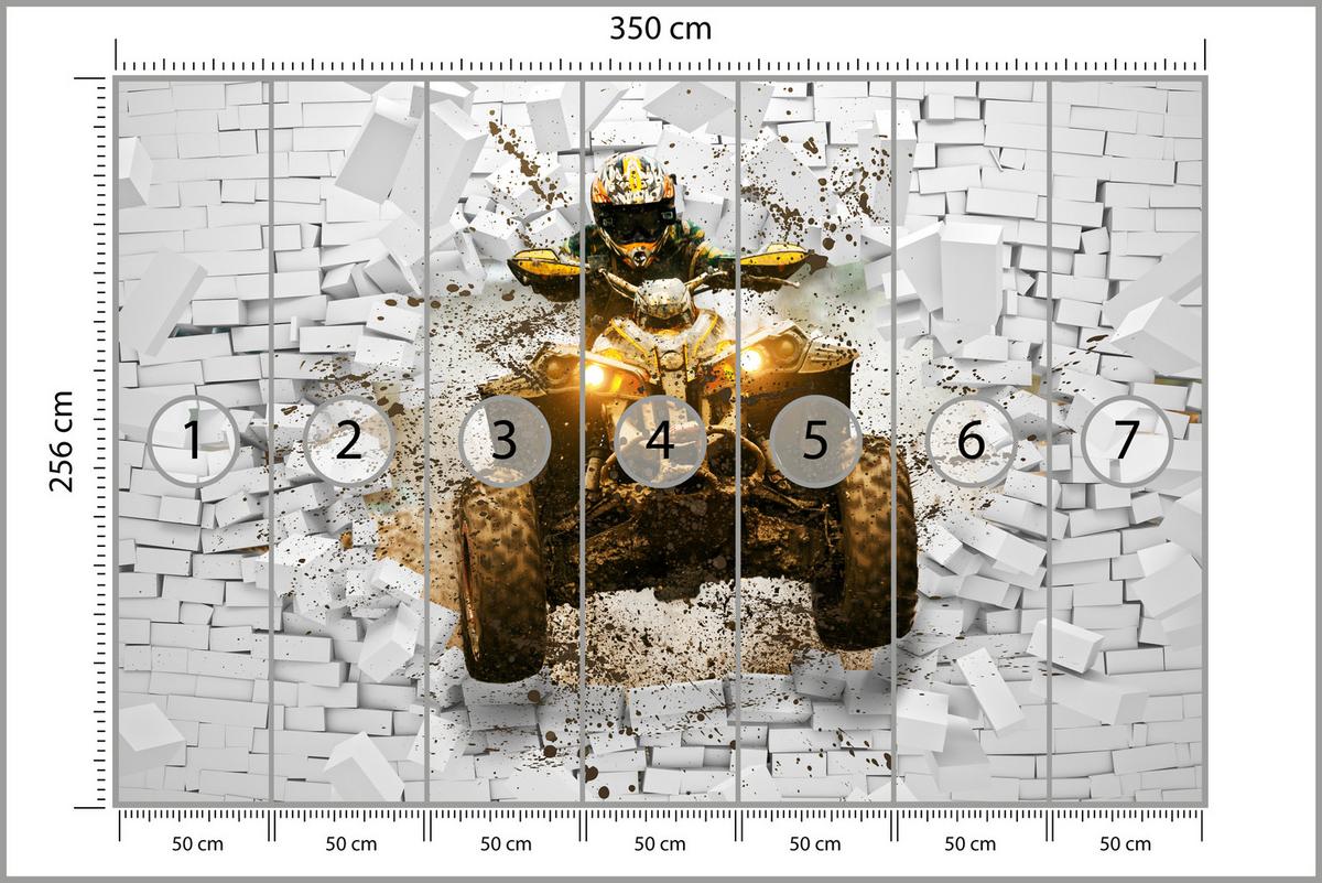 FOTOTAPETE für Büro Schlammbedecktes Quad Durchbricht Backsteinmauer 350x256 - Gelb/Beige, Papier (350/256cm) - Muralo