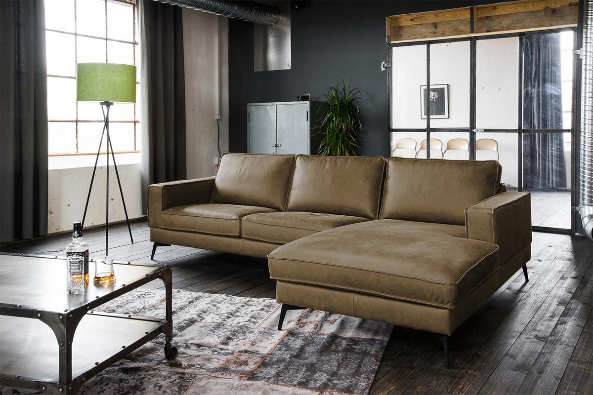 ECKSOFA BLOOM Beige Leder - Beige/Schwarz, Leder/Metall (276/177cm) - KAWOLA