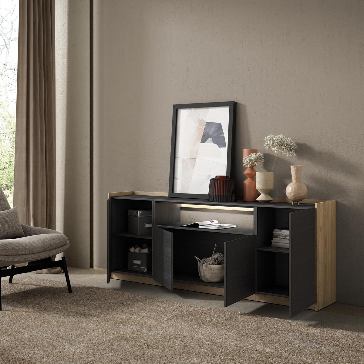 SIDEBOARD, Schwarz und Eiche, 207/37/80cm, mit Led - Schwarz, Holzwerkstoff (207/80/37cm) - Skraut Home
