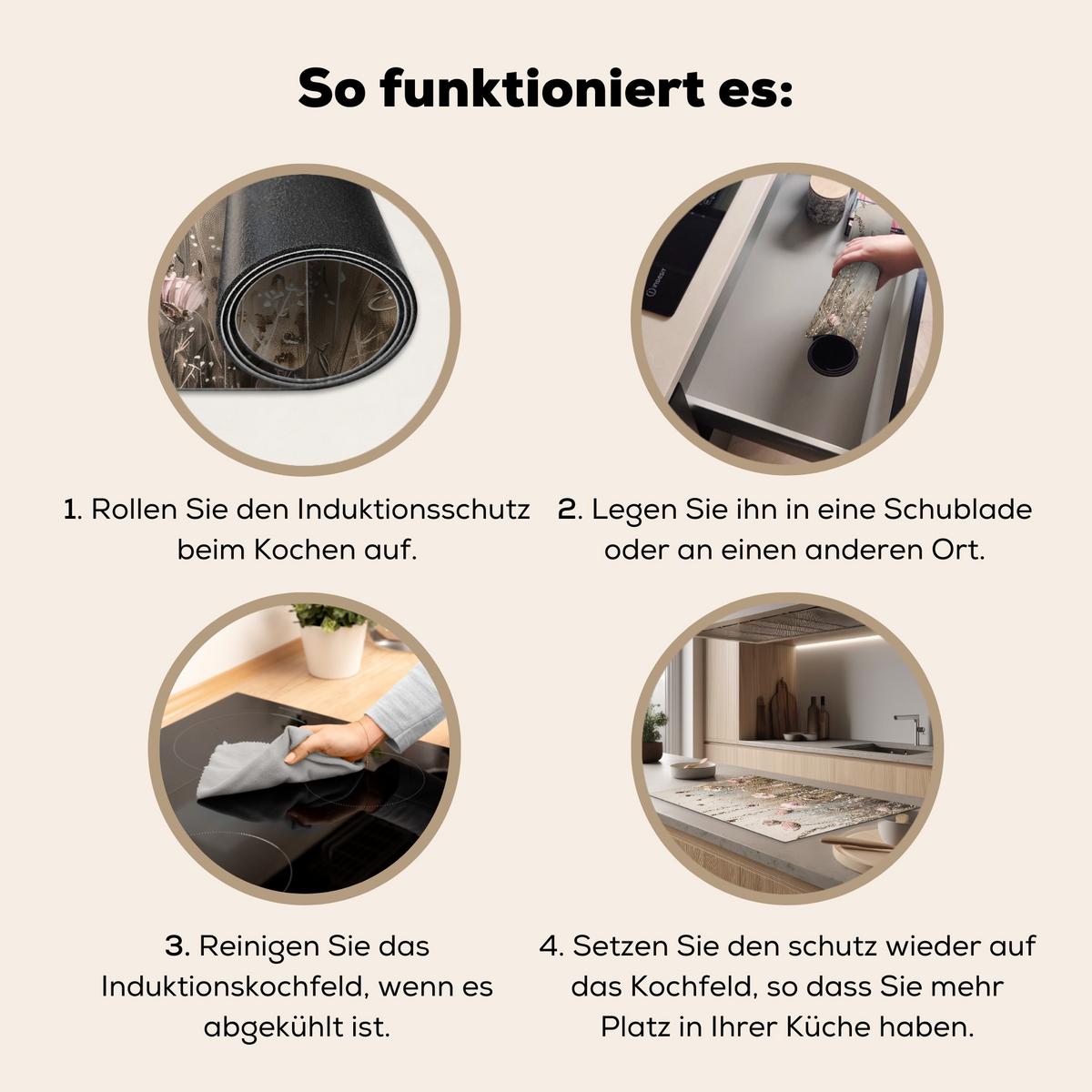 HERDABDECKPLATTE Blumen - Beige - Trockenblumen Induktionsschutz 89.6x51.6 cm - Beige, Kunststoff (89.6/51.6/0.2cm) - MuchoWow