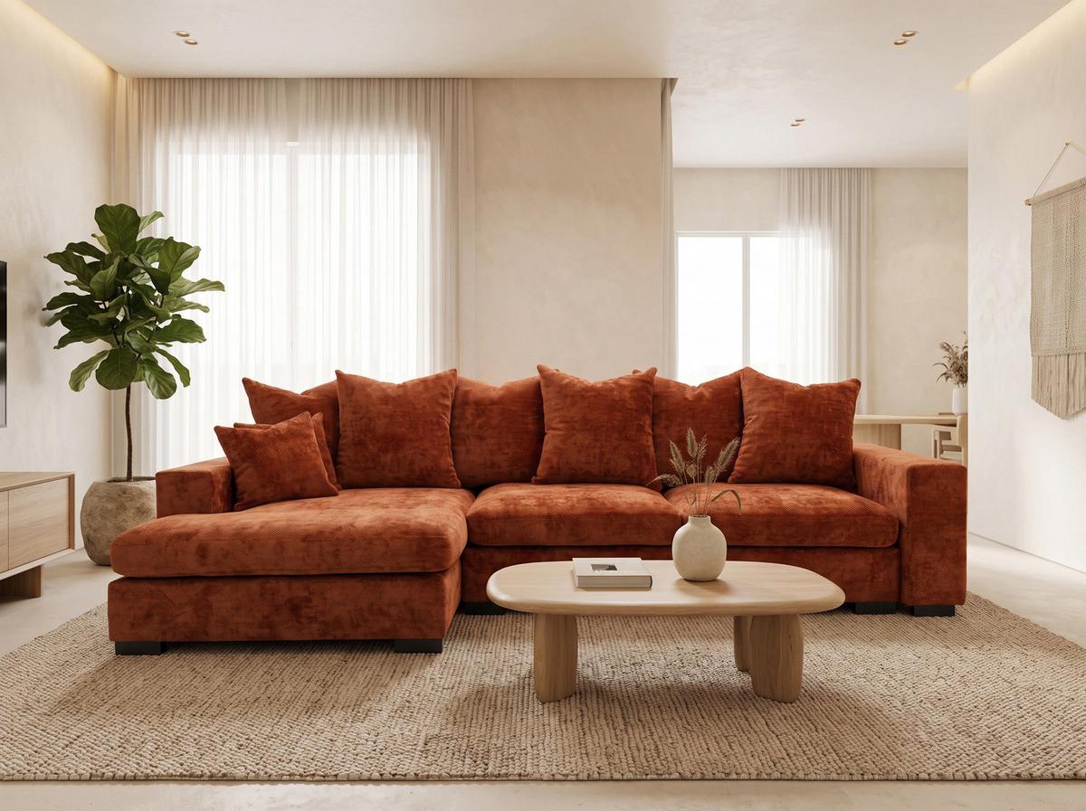 ECKSOFA Dahlia mit Schlaffunktion und Bettkasten in L-Form Links - Terrakotta Chenille 285/92/155 cm - Terracotta/Schwarz, Kunststoff/Textil (285/155cm) - WFL GROUP