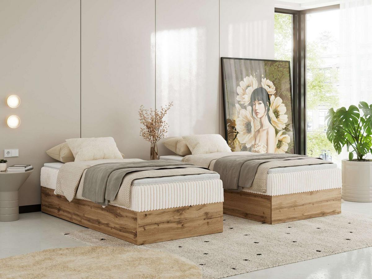 BOXBETT WOOD ZERO 90/200 - Beige Cord - H4 - Topper Visco - Beige, Textil (90/200cm) - MKS