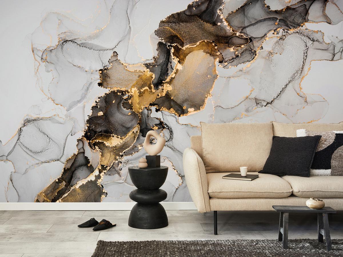 FOTOTAPETE für Badezimmer Moderner Grauer Marmor Gold Schwarz Imitation 500x350 - Beige/Grau, Papier (500/350cm) - Muralo