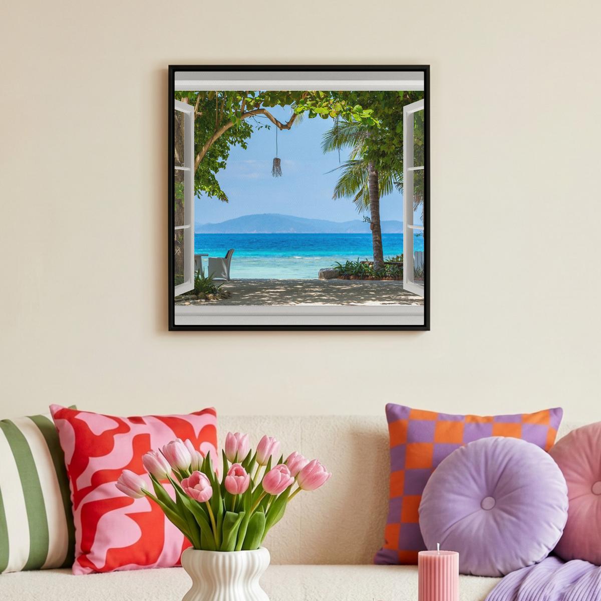 LEINWAND Bilder mit Rahmen - Aussicht - Baum - Meer - Palme - Hügel - Strand - Blau - 50x50 - Blau, Textil (50/50cm) - MuchoWow