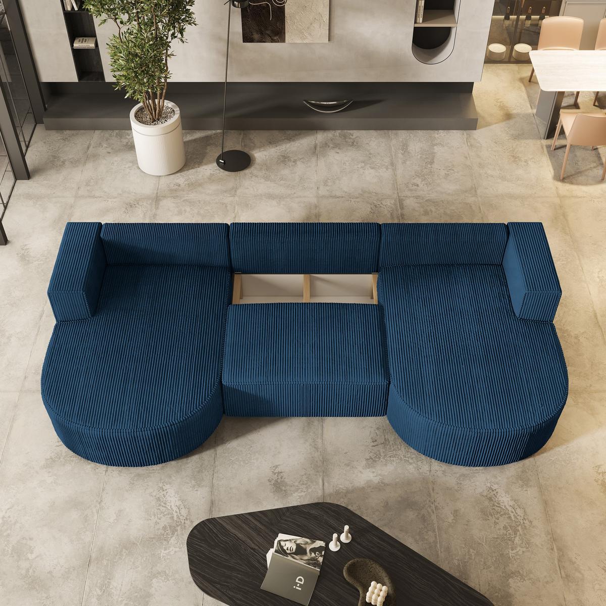 WOHNLANDSCHAFT VEZZO P Blau Kordstoff mit Schlaffunktion - Blau/Grau, Holz/Kunststoff (347/85/174cm) - MASSENO