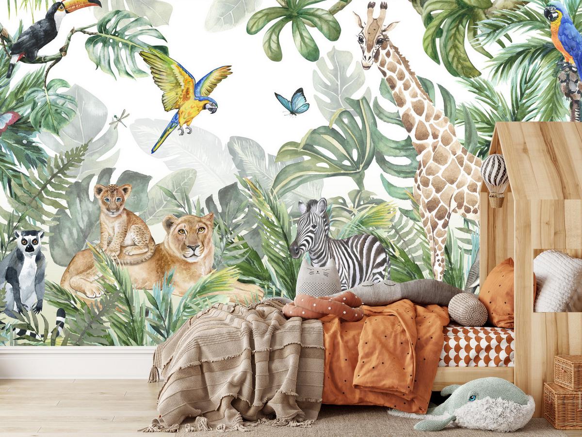 FOTOTAPETE für Kinderzimmer Tropen Dschungel Tiere Palmen Monstera 400x280 - Beige/Orange, Papier (400/280cm) - Muralo