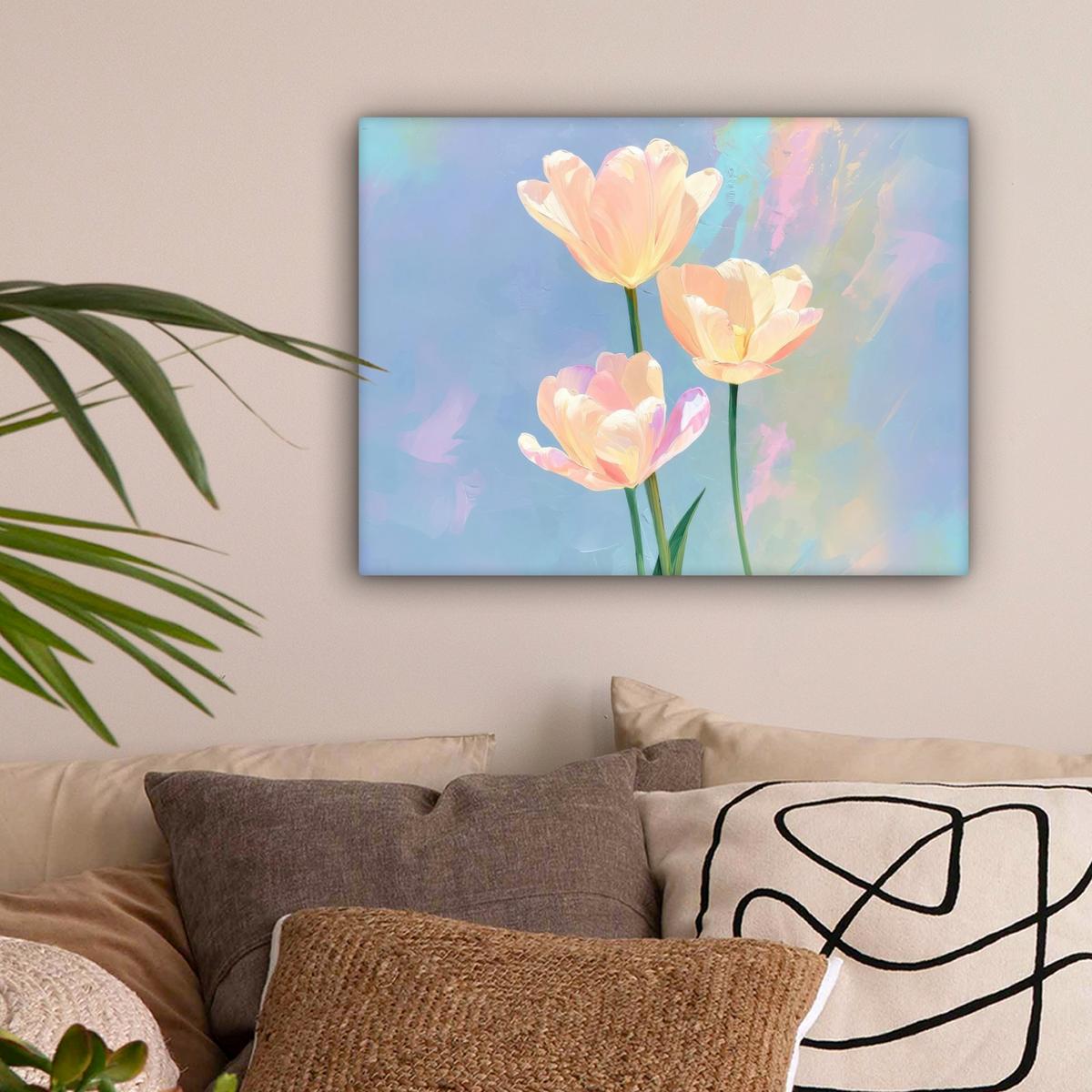 LEINWANDBILD Tulpen - Rosa Akzente - Blau Wandbild 40x30 cm - Pastellblau, Textil (40/30cm) - MuchoWow