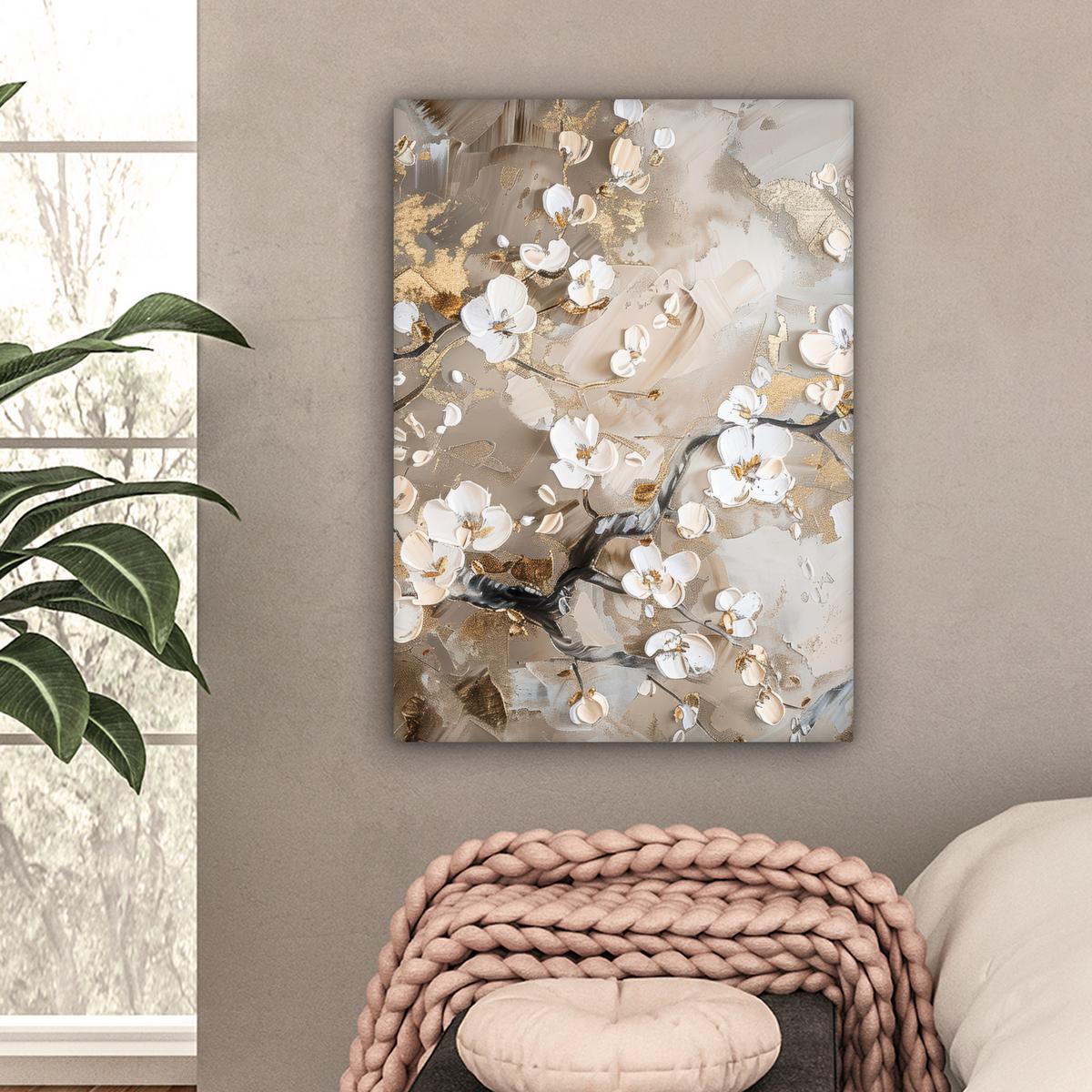 LEINWANDBILD Blumen - Weiß - Gold - Beige - Luxus Wandbild Wohnzimmer 60x80 cm - Greige, Textil (60/80cm) - MuchoWow