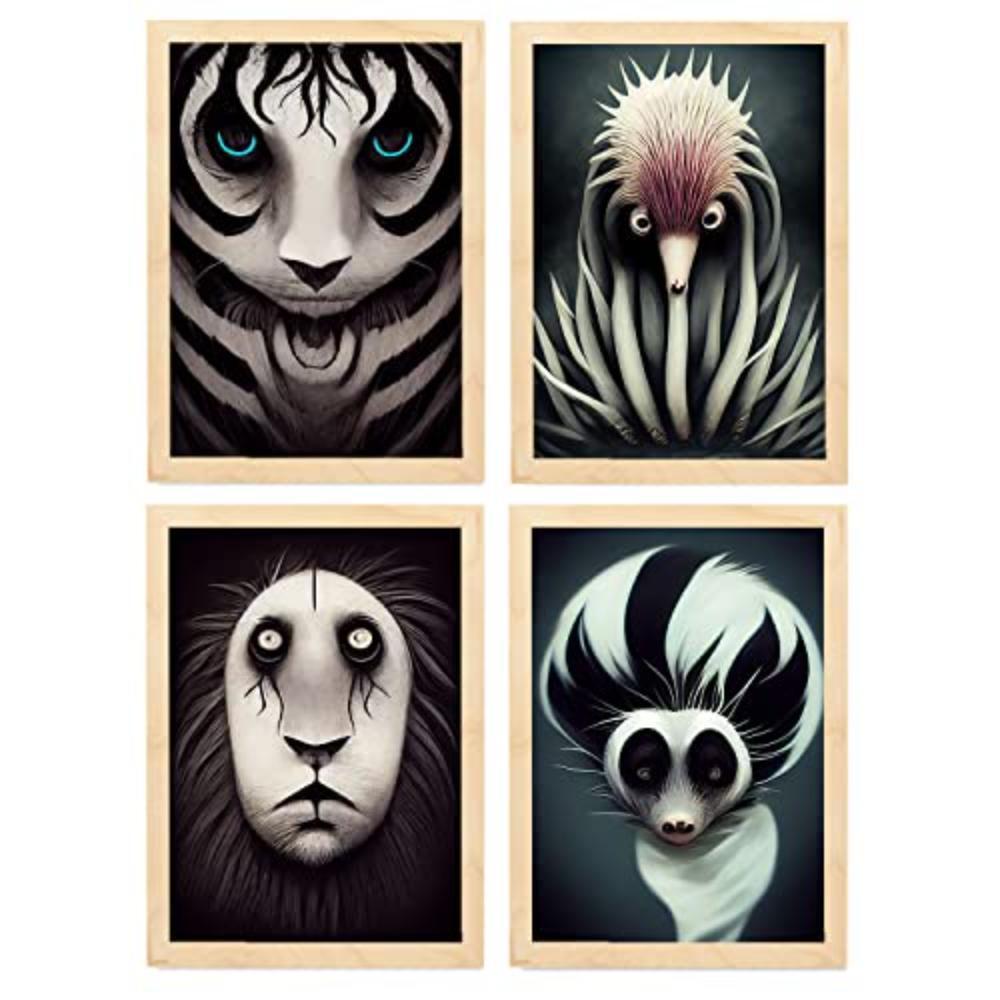 POSTER Set mit 4 Schwarz und weiß Tier im T Burton Goth Stil A3 Rahmen aus hellem Holz - Beige, Papier (29.7/3cm) - Nacnic